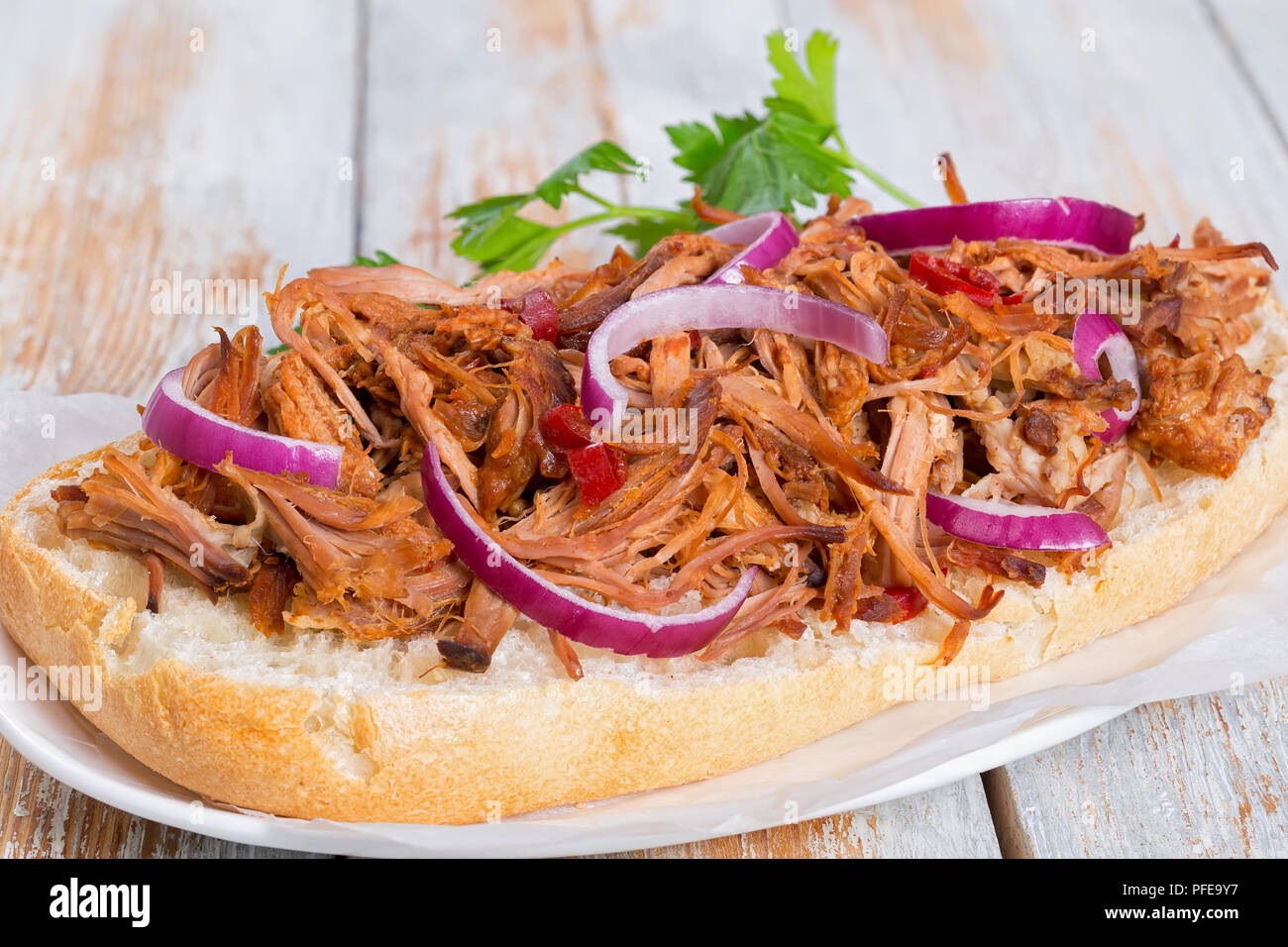 Barbeque Pulled Pork ciabatta open Sandwich with BBQ Sauce, red onion