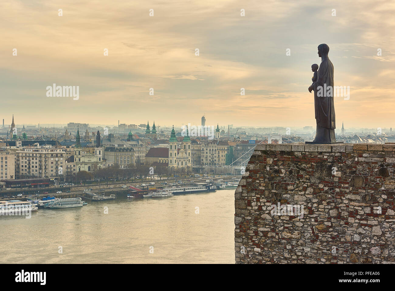 BUDAPEST, HUNGARY FEBRUARY 02 Bronze statue of Virgin Mary by