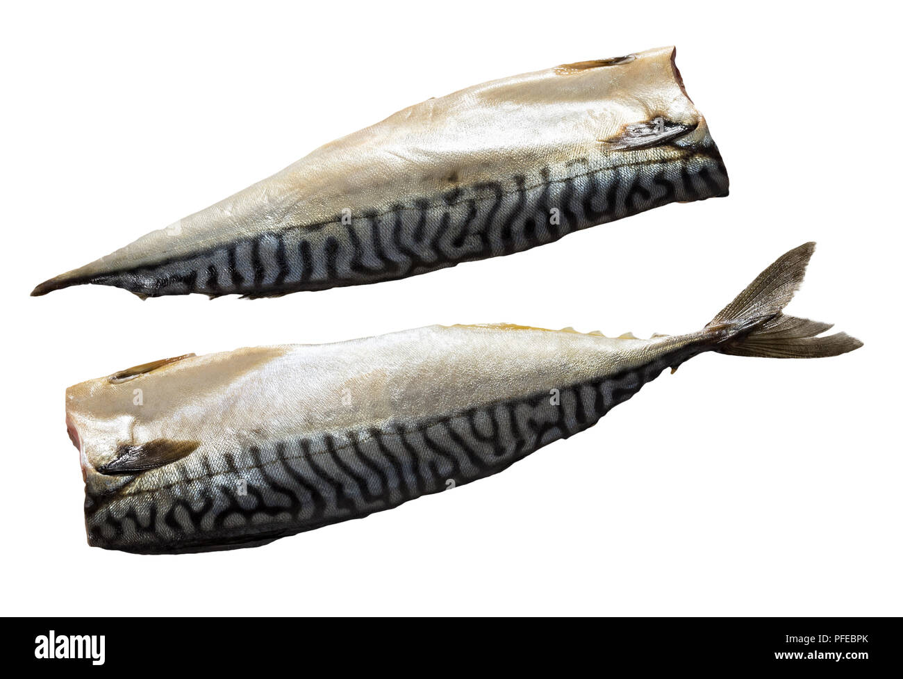Two raw Fillets of Fresh atlantic mackerel fish isolated on white background, close-up Stock Photo