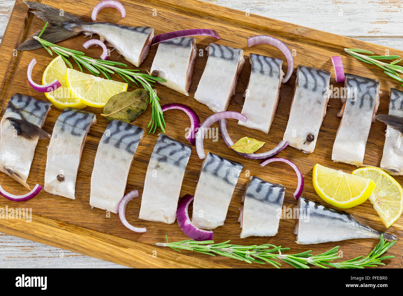 marinated Fillets of Fresh atlantic mackerel fish cut in slices on