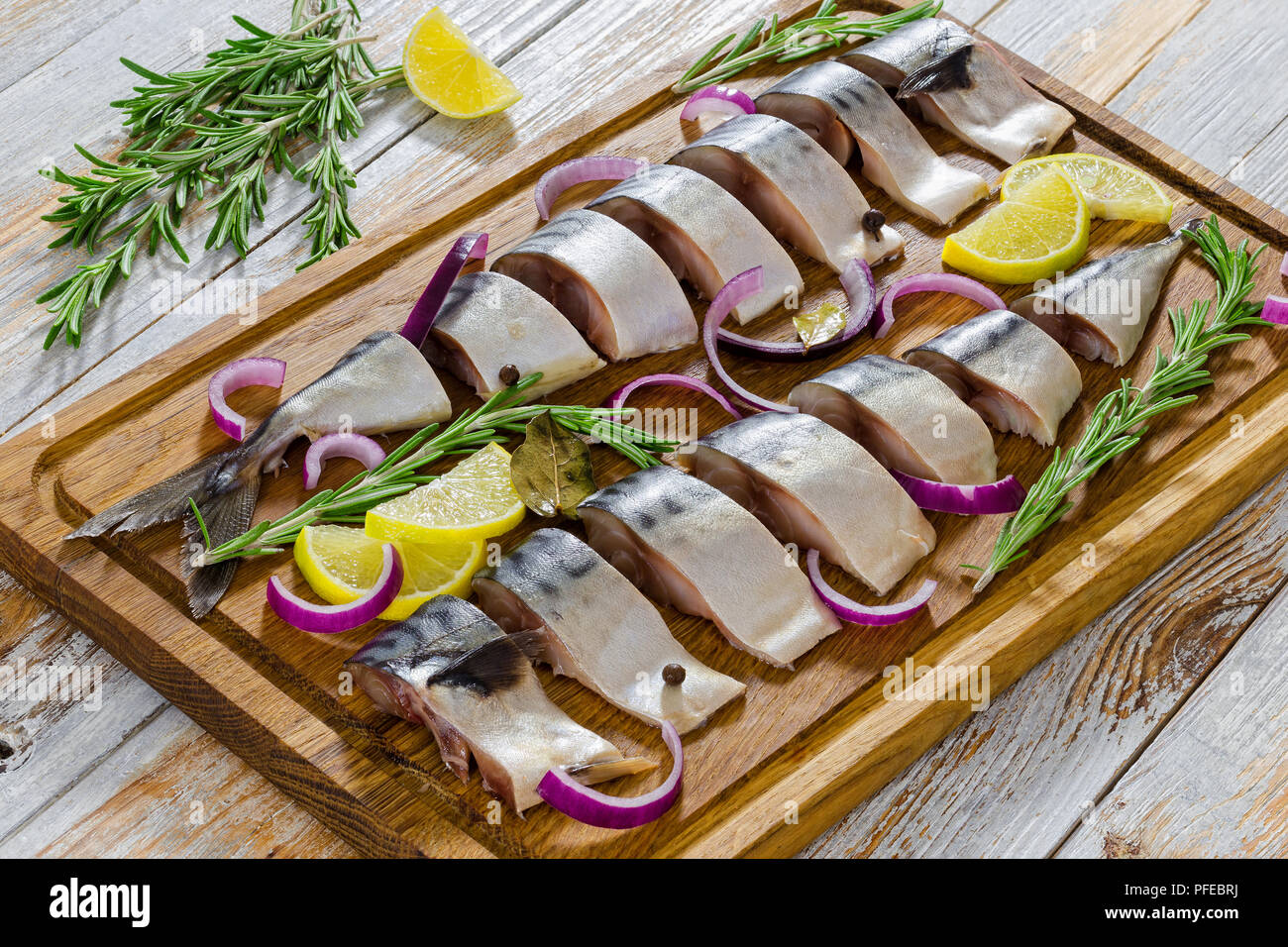 marinated Fillets of Fresh atlantic mackerel fish cut in slices with