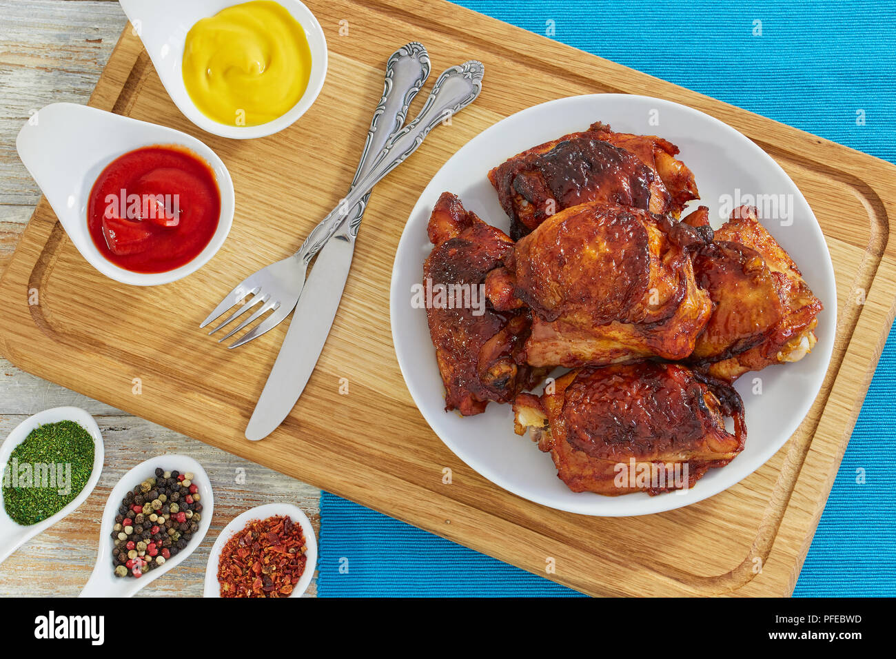 delicious fried chicken thigh marinated in mixture of honey, soy and