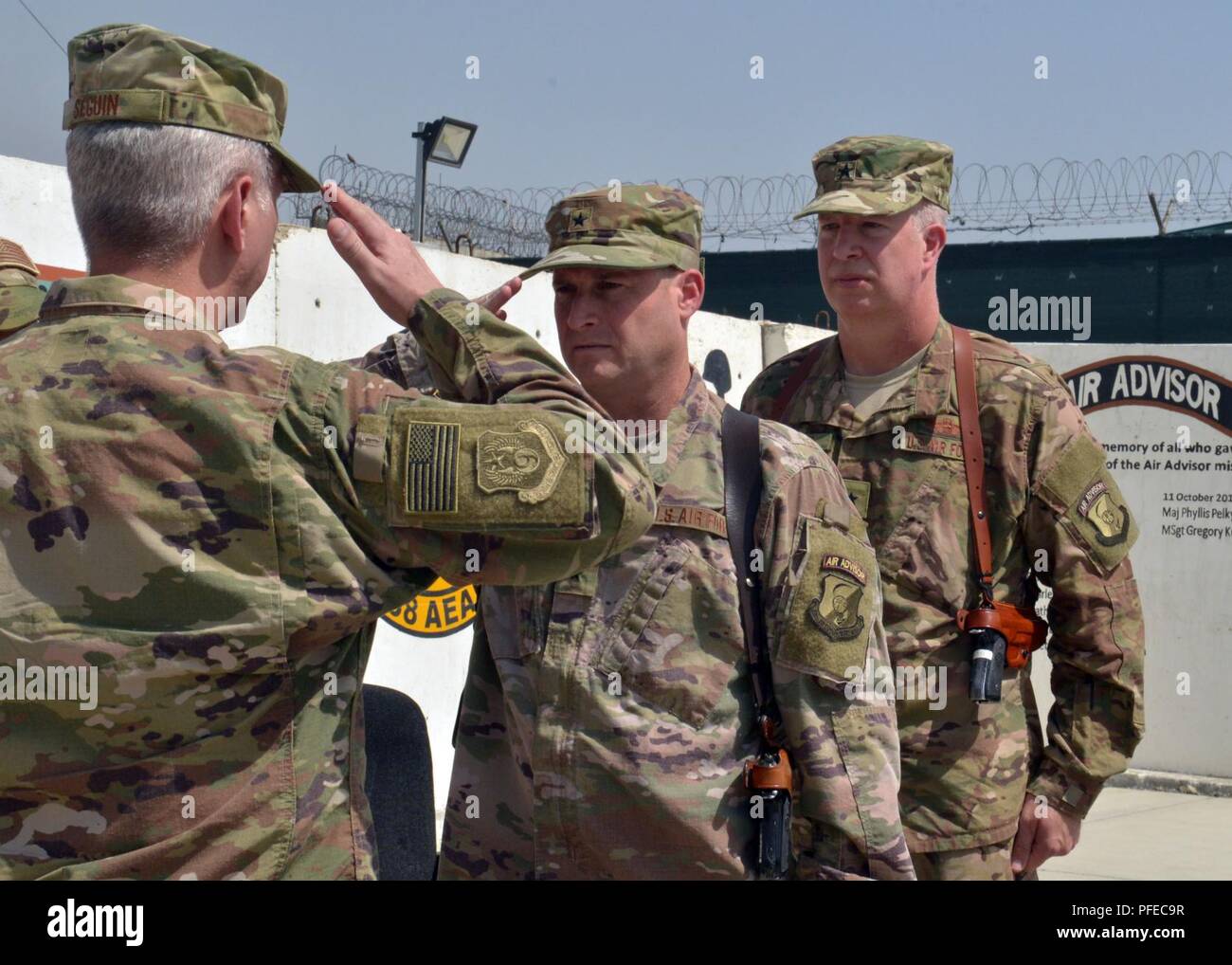 KABUL, Afghanistan (June 4, 2016) – U.S. Air Force Brig. Gen. Phillip Stewart, Train, Advise and Assist Command-Air and 438th Air Expeditionary Wing commander, renders a final salute to U.S. Air Force Maj. Gen. Barre Seguin, NATO Air Command Afghanistan and 9th Air and Space Expeditionary Task Force-Afghanistan commander, before relinquishing command June 4, 2018, Kabul, Afghanistan. Stewart relinquished command to U.S. Air Force Brig. Gen. Joel Carey, inbound Train, Advise, and Assist Command-Air and 438th Air Expeditionary Wing commander. Stock Photo