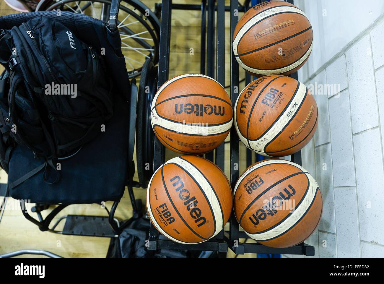 Practice basketballs are racked during the Department of Defense