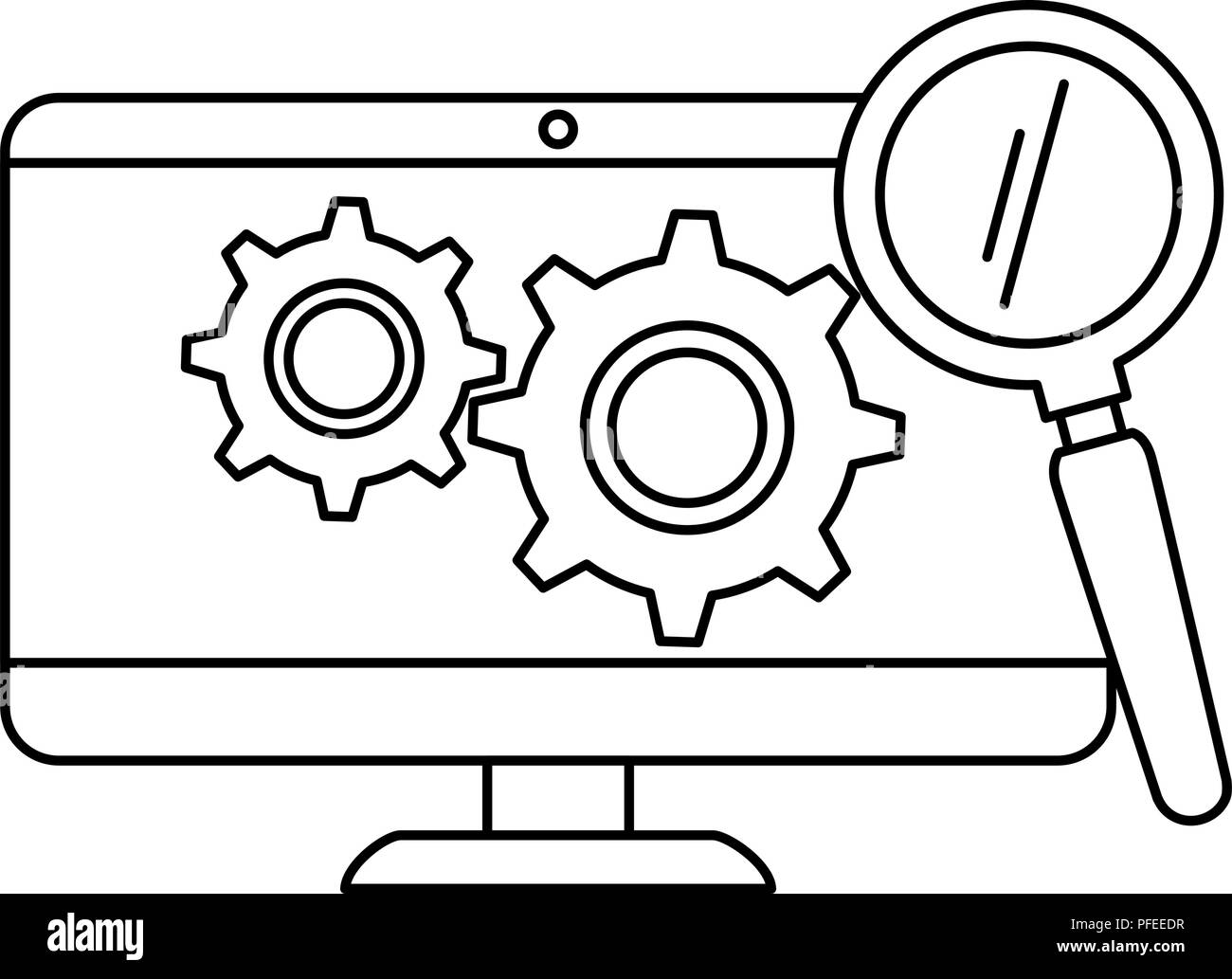 monitor computer with gears and magnifying glass vector illustration ...
