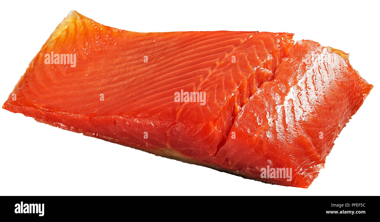 Salmon piece isolated on white background, view from above, close-up ...