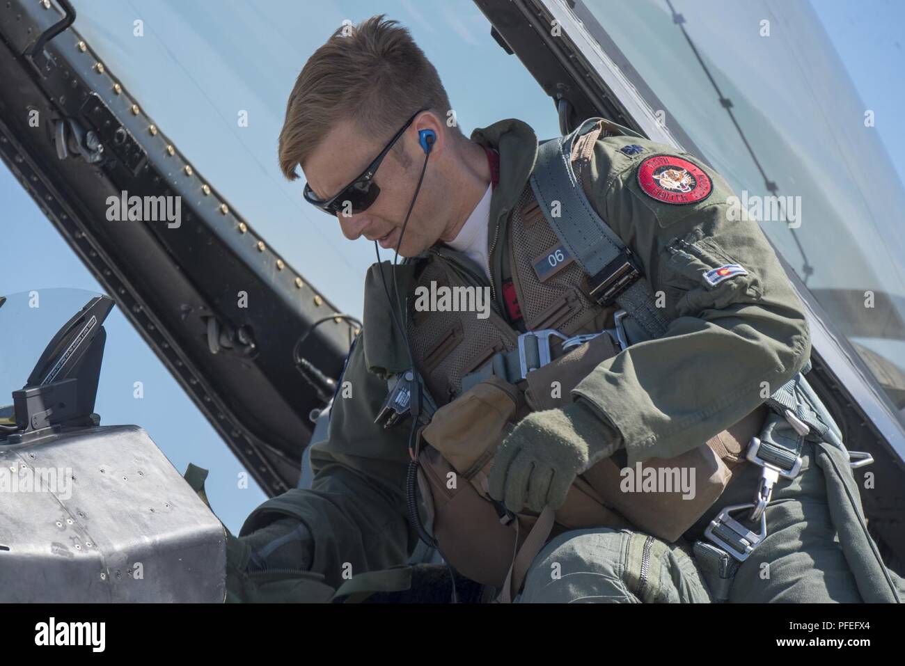 U.S. Air Force Lt. Col. Marc Garceau Kidd an F 16 Fighting Falcon pilot assigned to the 140th Wing Colorado Air National Guard prepares for a familiarization flight in support of Trojan Footprint
