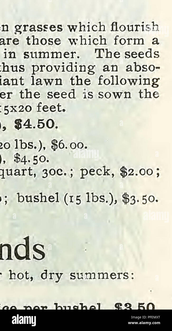 . Descriptive catalogue of vegetable, flower, and farm seeds. Nurseries (Horticulture); Nursery stock; Seeds; Bulbs (Plants); Gardening; Equipment and supplies; Bedding plants; Weeber &amp; Don. MEADOW FOXTAIL, MEADOW FESCUE (Festuca Pratensis). A valu- able grass for permanent pastures; very productive and nutritious. Per lb., 25c. RED OR CREEPING FESCUE (Festuca Rubra). Val- uable for lawns. Per lb., 35c. SHEEP FESCUE (Festuca Ovina). An excellent grass for sheep pastures. Per lb., 25c. ENGLISH RYE GRASS (Lolium Perenne). A very nutritious, rapid-growing variety; valuable for meadows and pas Stock Photo