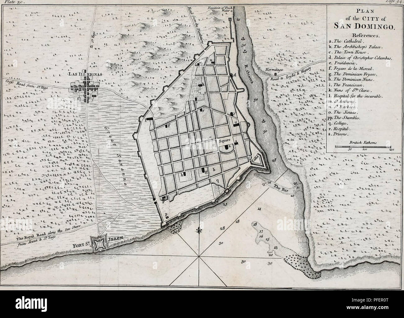 . A description of the Spanish islands and settlements on the coast of the West Indies : compiled from authentic memoirs, revised by gentlemen who have resided many years in the Spanish settlements : and illustrated with thirty-two maps and plans, chiefly from original drawings taken from the Spaniards in the last war. . Please note that these images are extracted from scanned page images that may have been digitally enhanced for readability - coloration and appearance of these illustrations may not perfectly resemble the original work.. Jefferys, Thomas, -1771. London : Printed for T. Jeffery Stock Photo