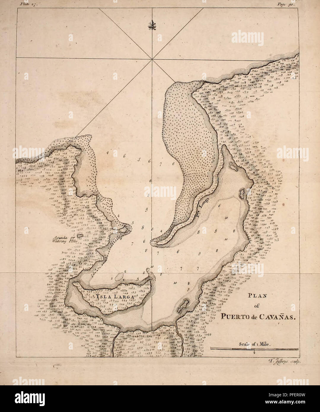 . A description of the Spanish islands and settlements on the coast of the West Indies : compiled from authentic memoirs, revised by gentlemen who have resided many years in the Spanish settlements : and illustrated with thirty-two maps and plans, chiefly from original drawings taken from the Spaniards in the last war. . Please note that these images are extracted from scanned page images that may have been digitally enhanced for readability - coloration and appearance of these illustrations may not perfectly resemble the original work.. Jefferys, Thomas, -1771. London : Printed for T. Jeffery Stock Photo