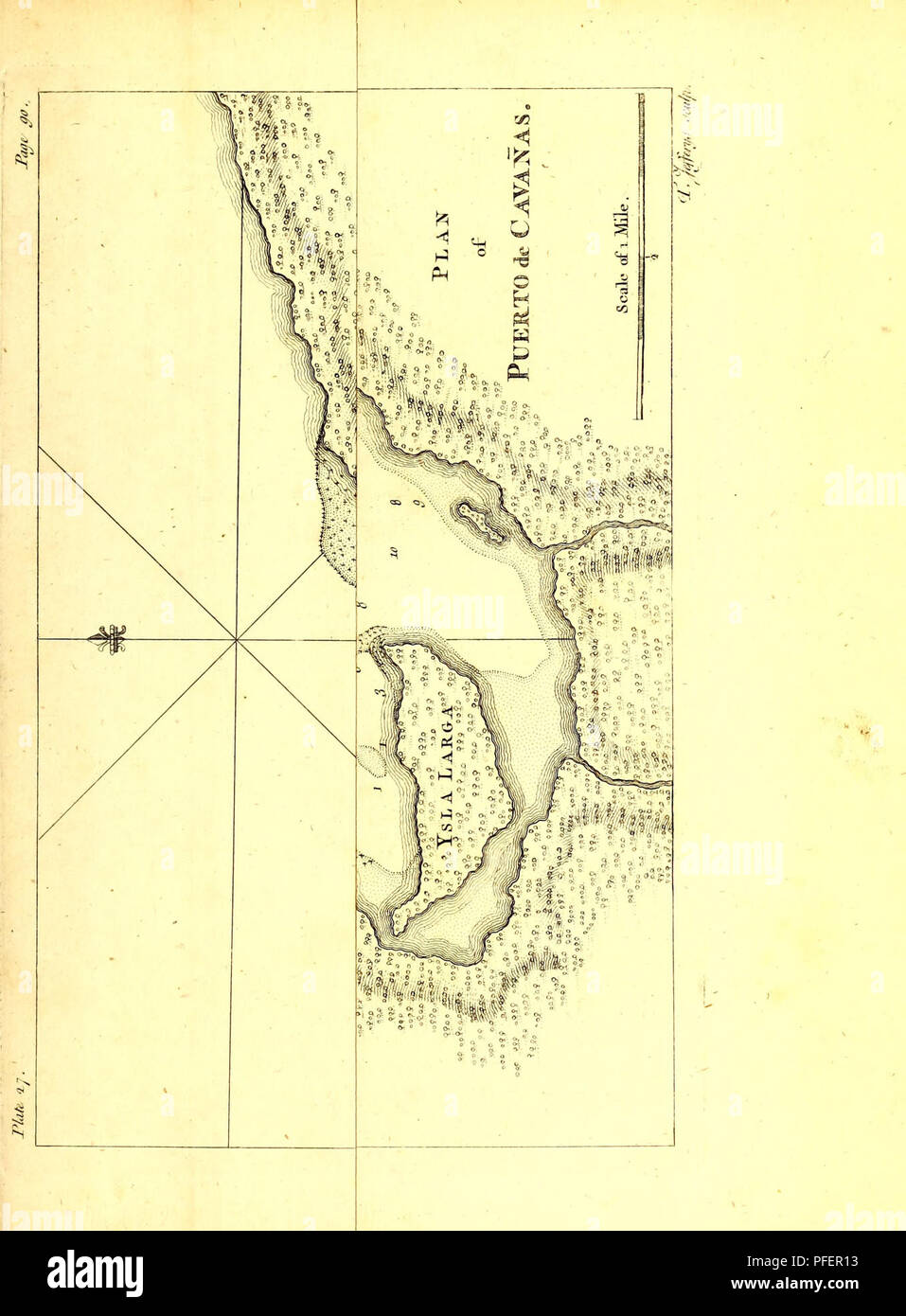 . A description of the Spanish islands and settlements on the coast of the West Indies : compiled from authentic memoirs, revised by gentlemen who have resided many years in the Spanish settlements : and illustrated with thirty-two maps and plans, chiefly from original drawings taken from the Spaniards in the last war. . Please note that these images are extracted from scanned page images that may have been digitally enhanced for readability - coloration and appearance of these illustrations may not perfectly resemble the original work.. Jefferys, Thomas, -1771. London : Printed for T. Jeffery Stock Photo