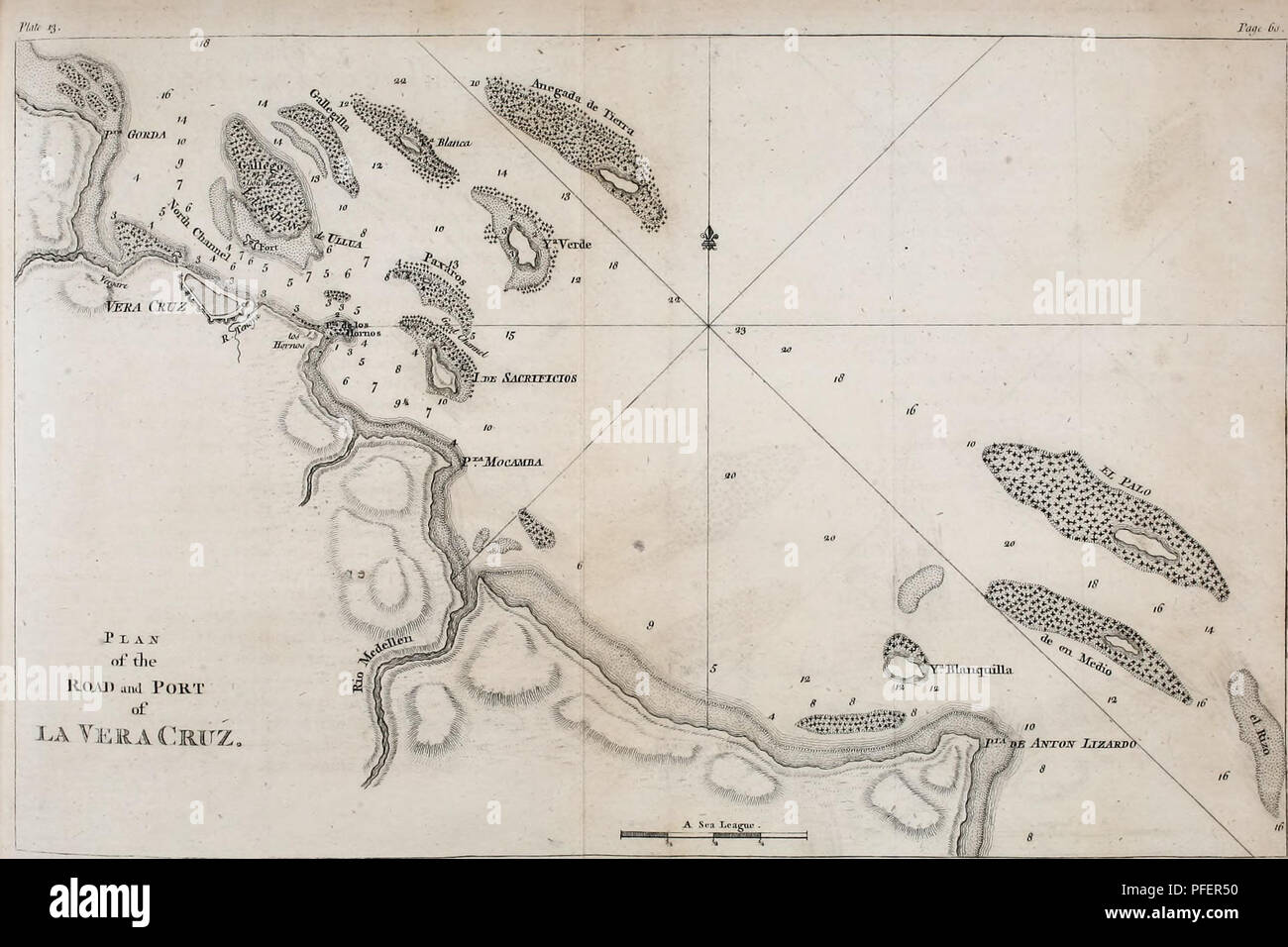 . A description of the Spanish islands and settlements on the coast of the West Indies : compiled from authentic memoirs, revised by gentlemen who have resided many years in the Spanish settlements : and illustrated with thirty-two maps and plans, chiefly from original drawings taken from the Spaniards in the last war. . Please note that these images are extracted from scanned page images that may have been digitally enhanced for readability - coloration and appearance of these illustrations may not perfectly resemble the original work.. Jefferys, Thomas, -1771. London : Printed for T. Jeffery Stock Photo