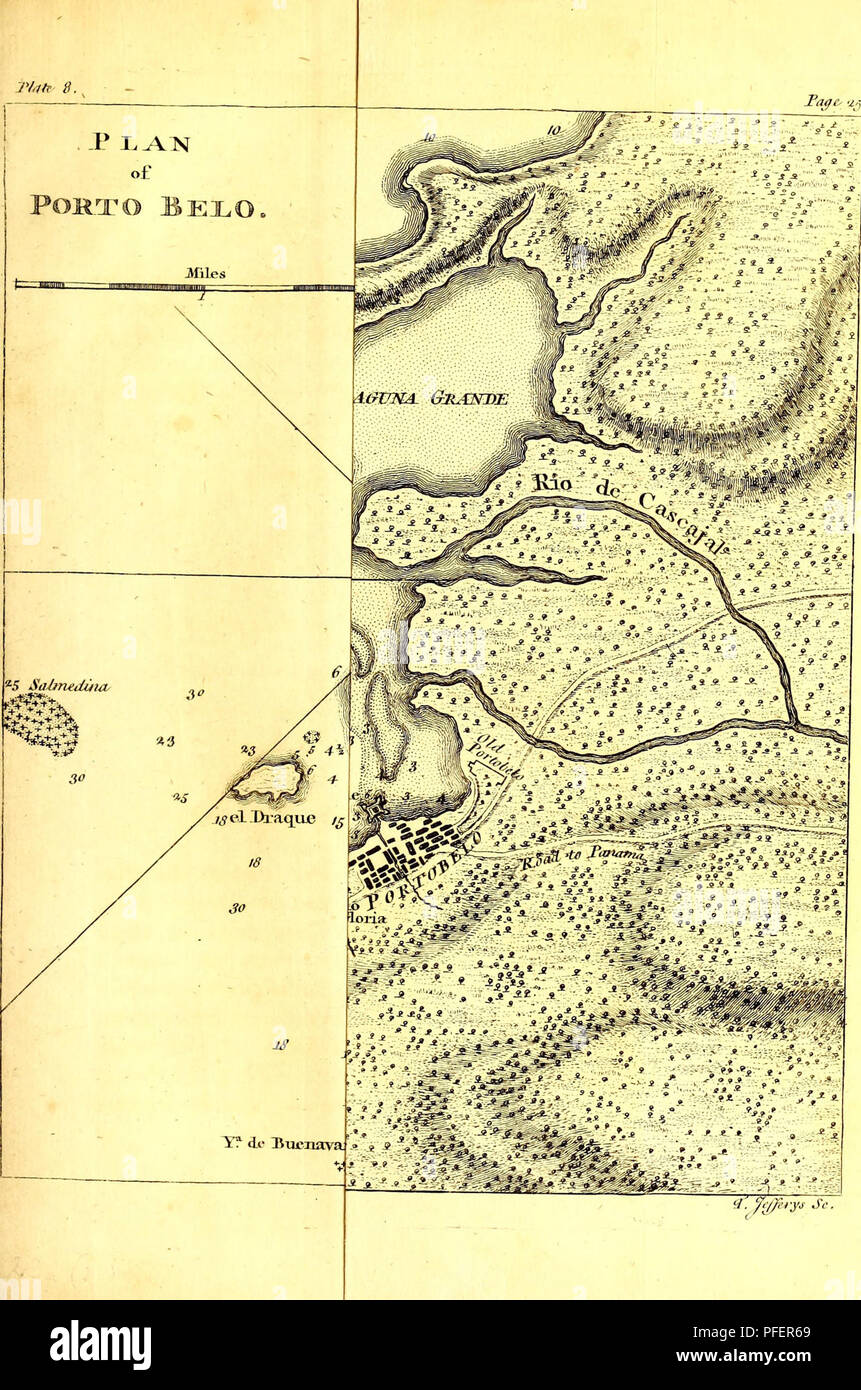 . A description of the Spanish islands and settlements on the coast of the West Indies : compiled from authentic memoirs, revised by gentlemen who have resided many years in the Spanish settlements : and illustrated with thirty-two maps and plans, chiefly from original drawings taken from the Spaniards in the last war. . Please note that these images are extracted from scanned page images that may have been digitally enhanced for readability - coloration and appearance of these illustrations may not perfectly resemble the original work.. Jefferys, Thomas, -1771. London : Printed for T. Jeffery Stock Photo