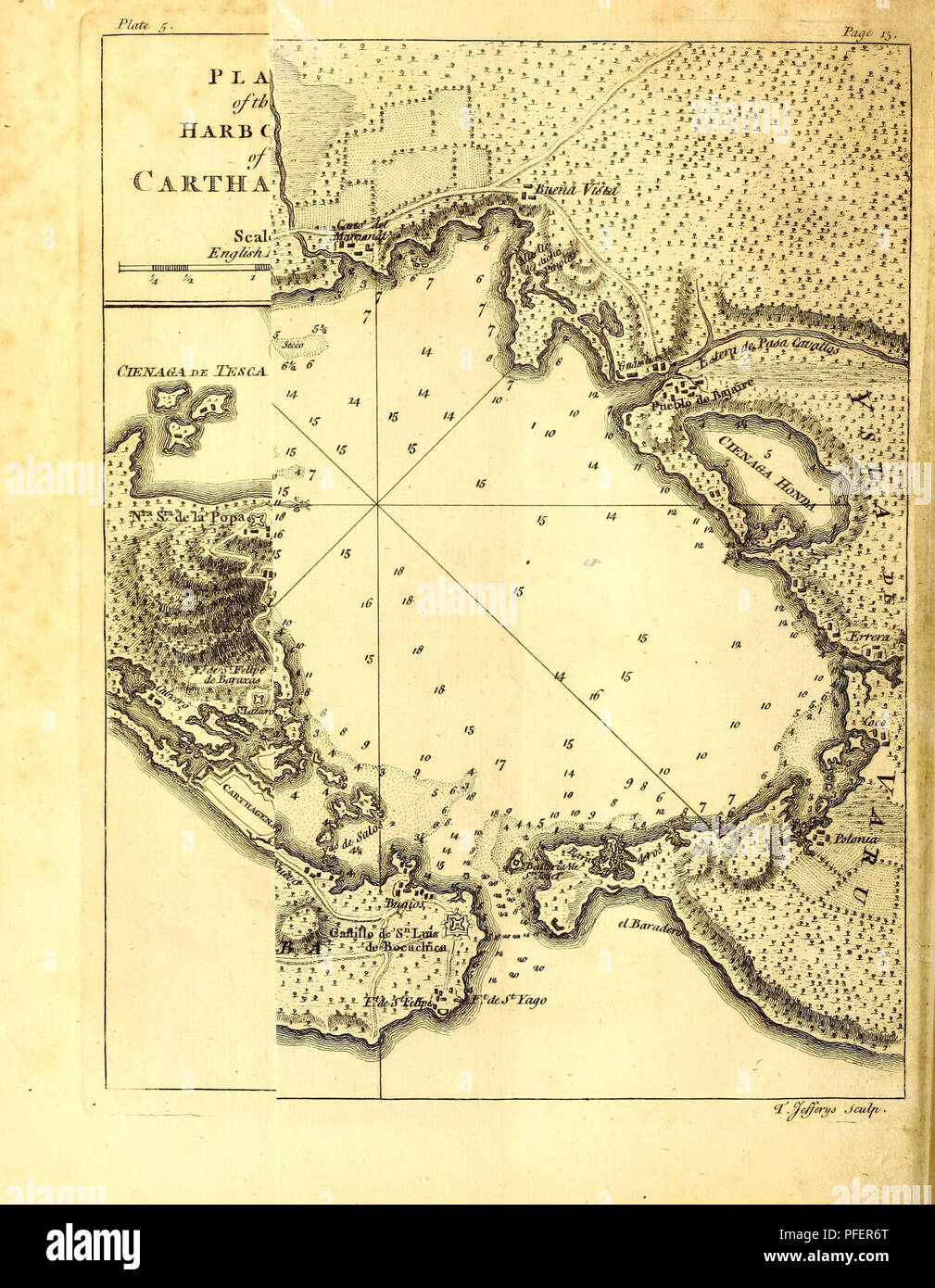 . A description of the Spanish islands and settlements on the coast of the West Indies : compiled from authentic memoirs, revised by gentlemen who have resided many years in the Spanish settlements : and illustrated with thirty-two maps and plans, chiefly from original drawings taken from the Spaniards in the last war. . Please note that these images are extracted from scanned page images that may have been digitally enhanced for readability - coloration and appearance of these illustrations may not perfectly resemble the original work.. Jefferys, Thomas, -1771. London : Printed for T. Jeffery Stock Photo