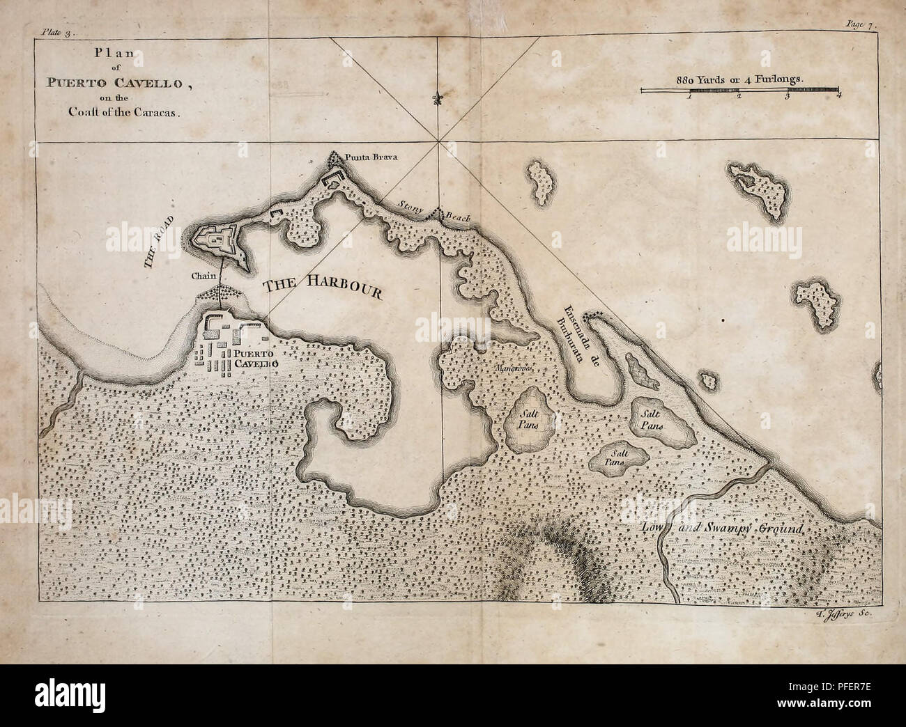 . A description of the Spanish islands and settlements on the coast of the West Indies : compiled from authentic memoirs, revised by gentlemen who have resided many years in the Spanish settlements : and illustrated with thirty-two maps and plans, chiefly from original drawings taken from the Spaniards in the last war. . Please note that these images are extracted from scanned page images that may have been digitally enhanced for readability - coloration and appearance of these illustrations may not perfectly resemble the original work.. Jefferys, Thomas, -1771. London : Printed for T. Jeffery Stock Photo