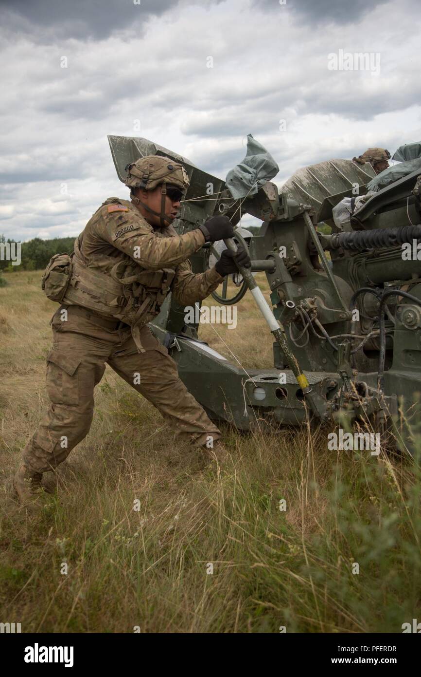U.S. Army Spc. Hugo Orozco, cannon crewmember, Bulldog Battery, Field Artillery Squadron, 2d
