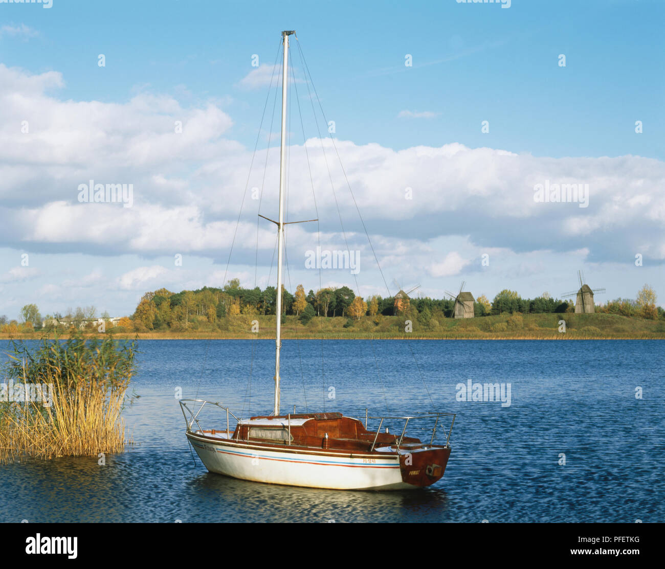 Poland, small boat, moored, with windmills of the skansen open-air museum lining the shore of Lake Lednicki in background. Stock Photo