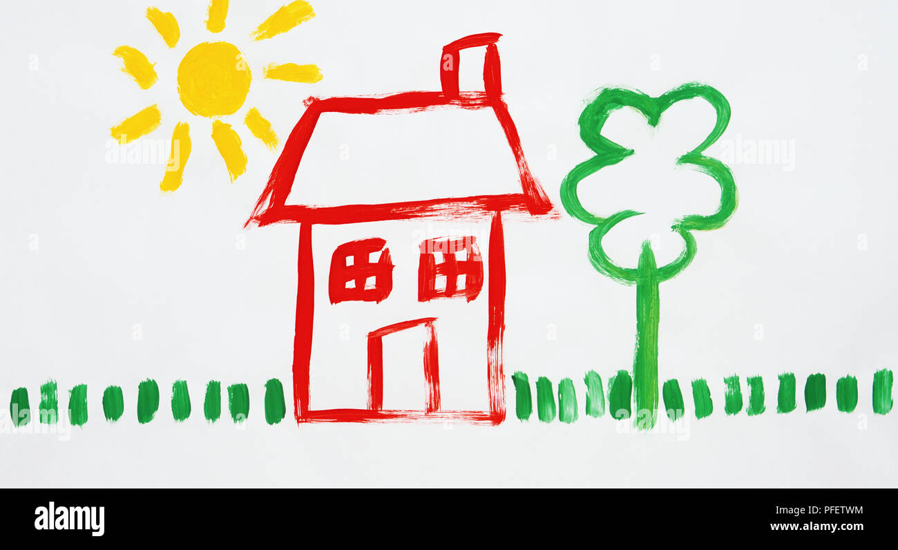Simple painting of a house and garden Stock Photo - Alamy