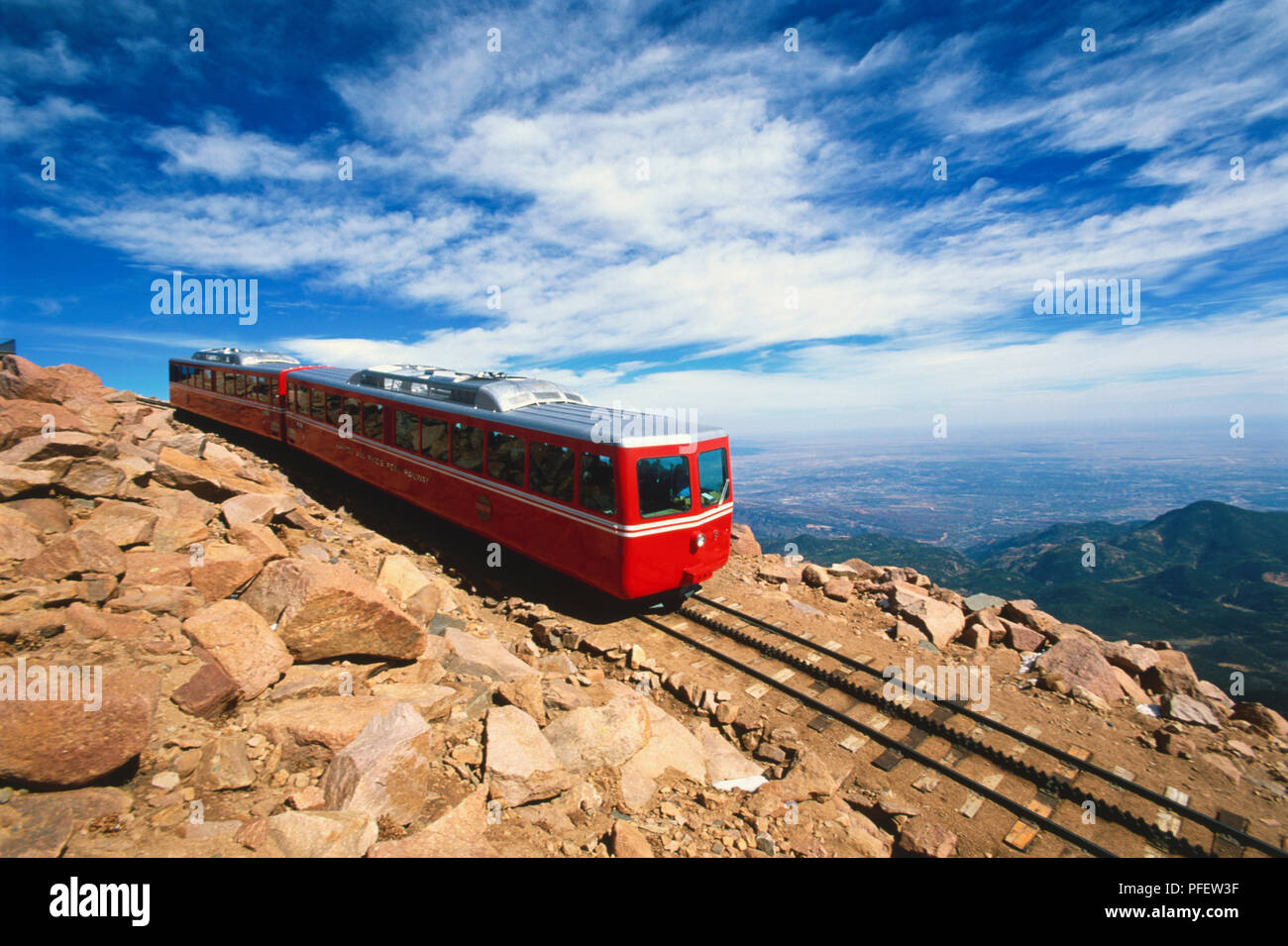 USA, Colorado, Manitou Springs, Pikes Peak Cog Railway, historic train atop mountain Stock Photo