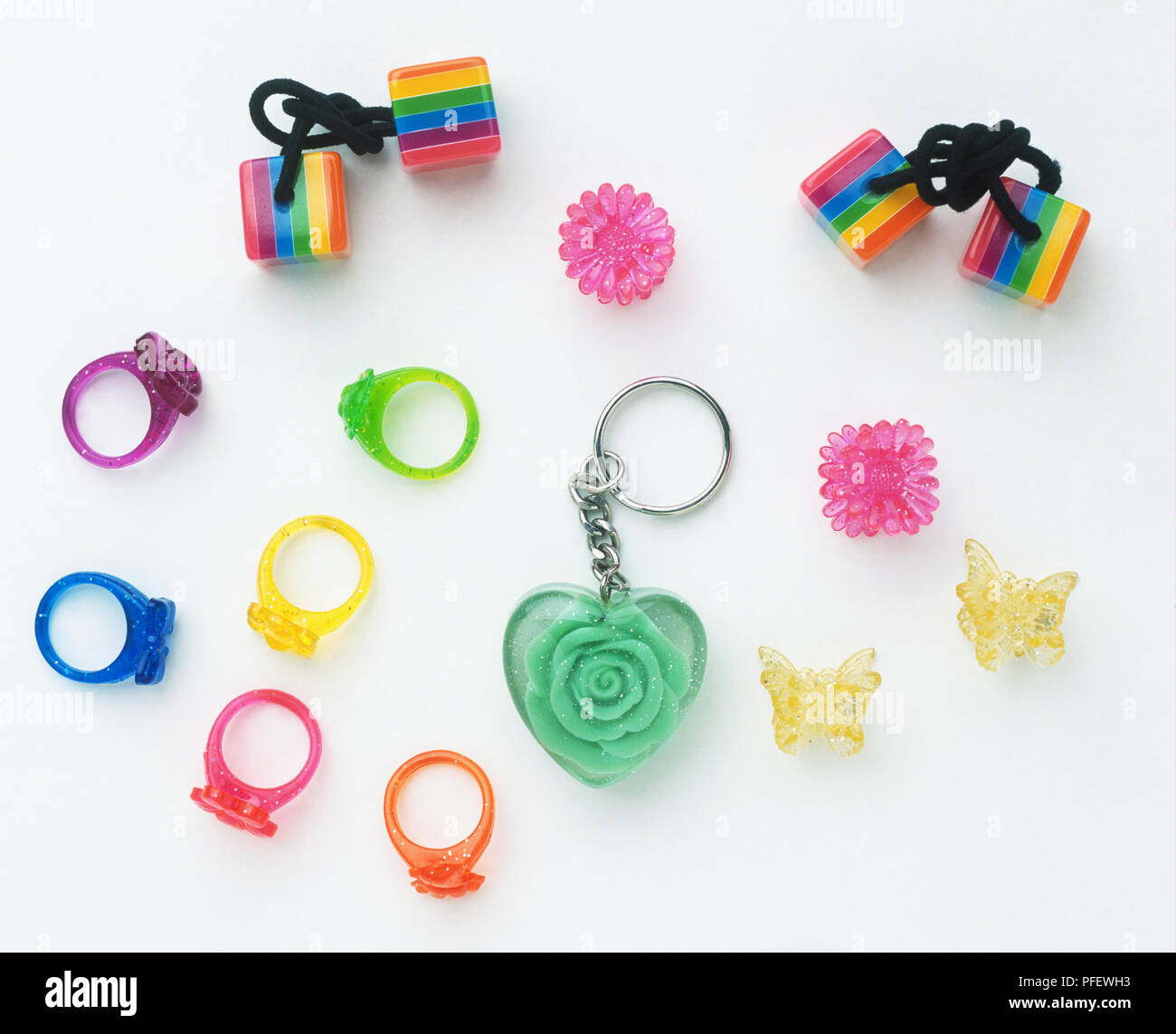 Colourful Plastic Rings Keyrings And Hair Bobble Stock