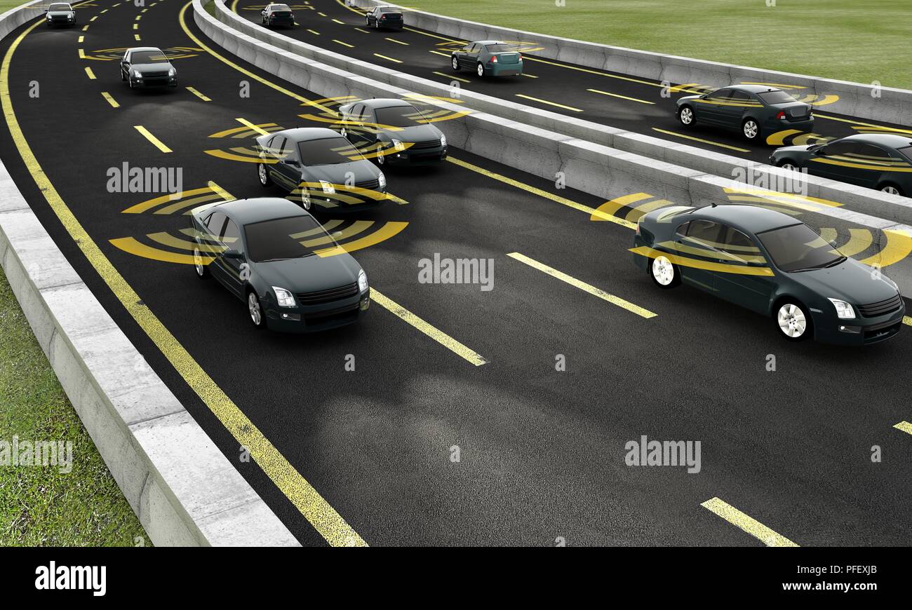 Autonomous cars on a road with visible connection, 3d Rendering Stock