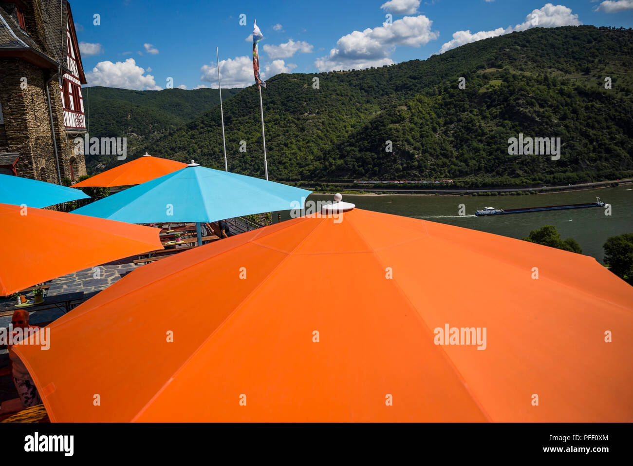 Coloured umbrellas on the terrace of Castle Stahleck in Bacharach