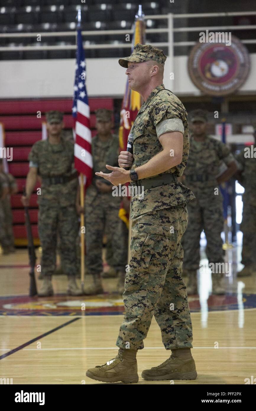 U.S. Marine Corps Col. Matthew S. Reid, the outgoing commanding officer of 6th Marine Regiment, 2nd Marine Division, offers remarks during a change of command ceremony at Camp Lejeune, N.C., June 12, 2018. During the ceremony, Reid relinquished command of 6th Marine Regiment to Col. Daniel T. Canfield Jr. Stock Photo