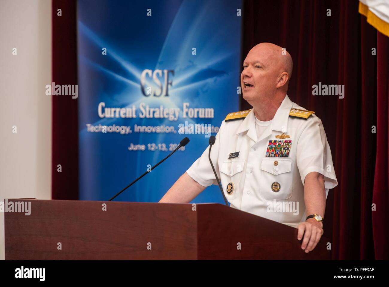 R.I. (June 12, 2018) Rear Adm. Jeffrey A. Harley, president of U.S. Naval War College (NWC), delivers a welcome address during the 69th annual Current Strategy Forum at NWC. As NWC’s capstone academic event, the two-day forum brings together distinguished guests and students to explore issues of strategic national importance. This year’s theme is “Technology, Innovation and Strategy.” Stock Photo