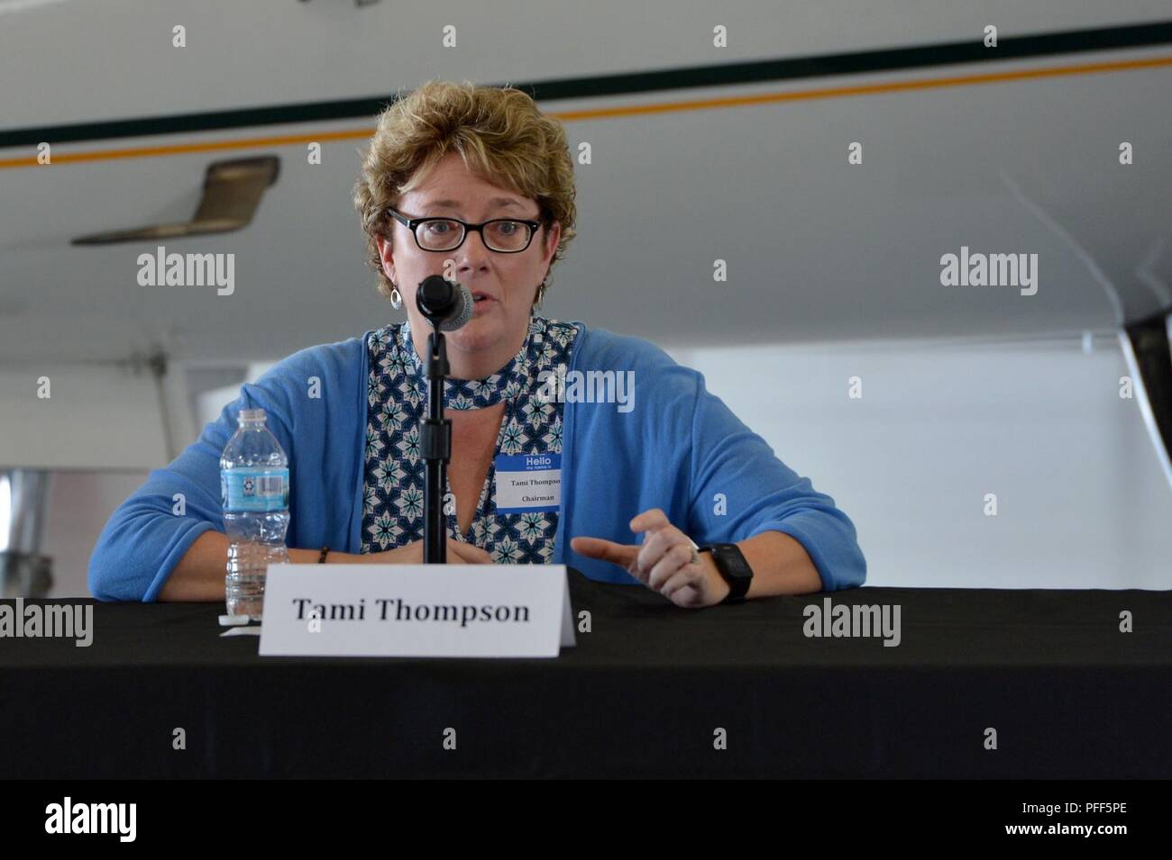 (Ret.) Col. Tami Thompson, the assistant professor and director of the Master of Business Administration Program at Nebraska Wesleyan University, speaks at the Women in Aviation Luncheon June 12, 2018, at Hangar B, Duncan Aviation, Lincoln, Nebraska. As part of the panel, Thompson talked about leading by example, encouraging and supporting each other and finding a mentor to look up to for advice. Stock Photo