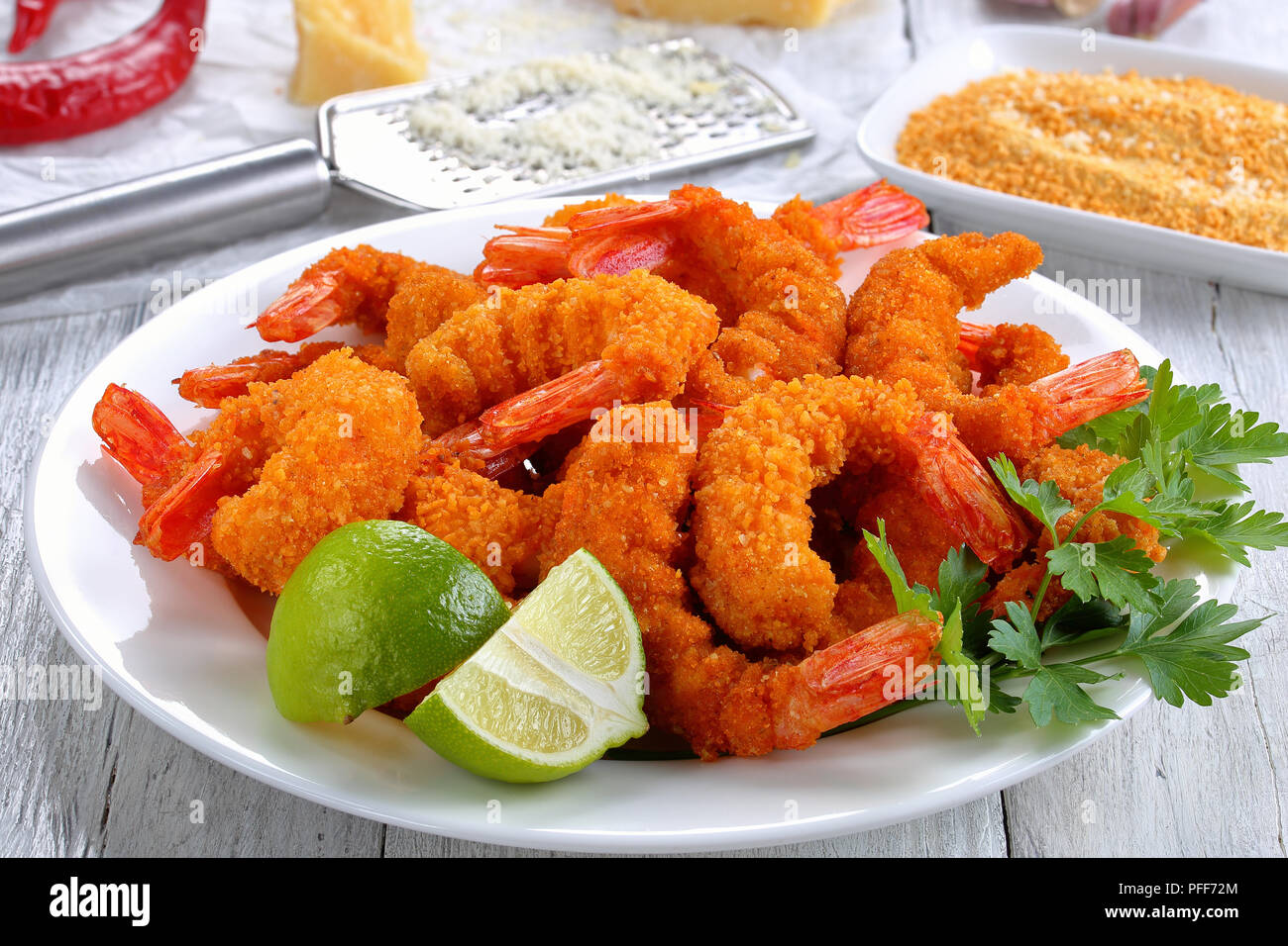 light and crispy crunchy parmesan bread crumbs coating Fried Shrimps on