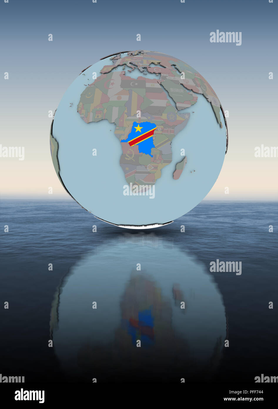 Democratic Republic of Congo with national flag on globe above water ...