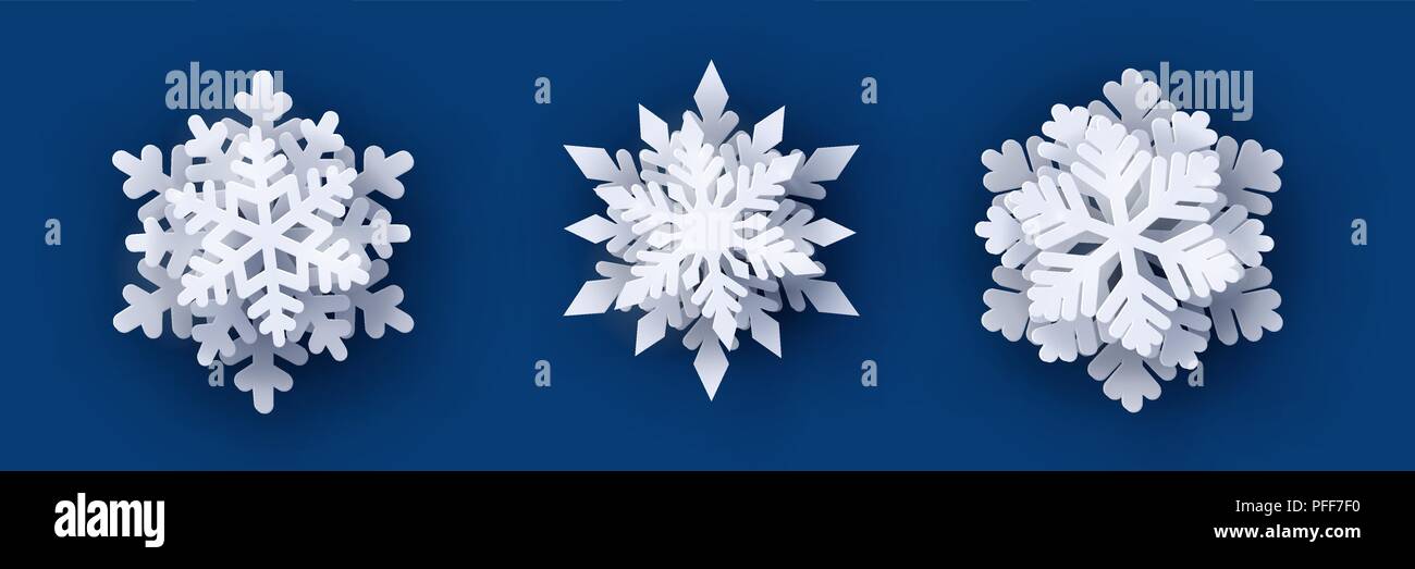 Vector set of 3 white Christmas paper cut 3d snowflakes with shadow on ...