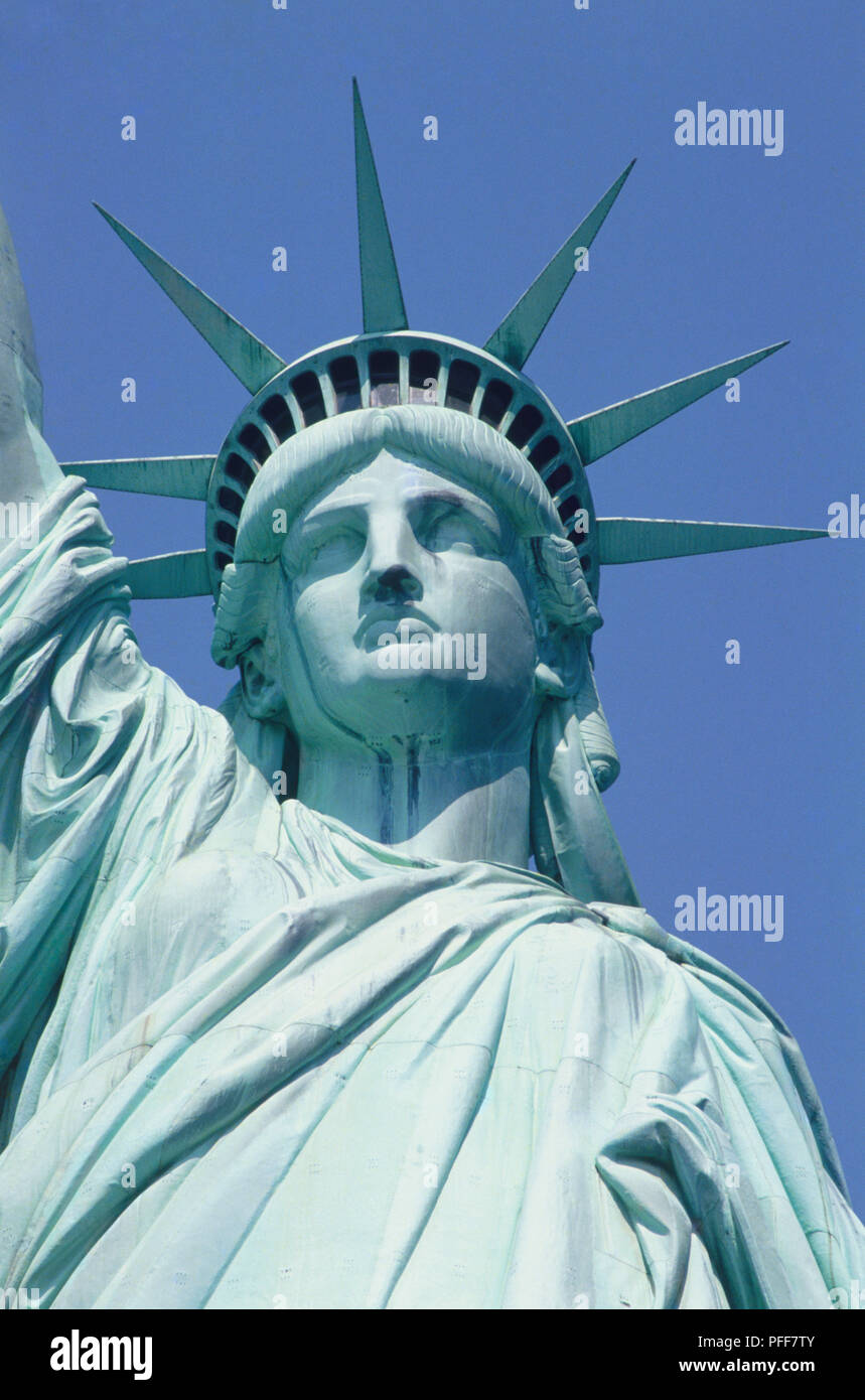 USA, New York, Statue of Liberty, upper section, low angle view. Stock Photo