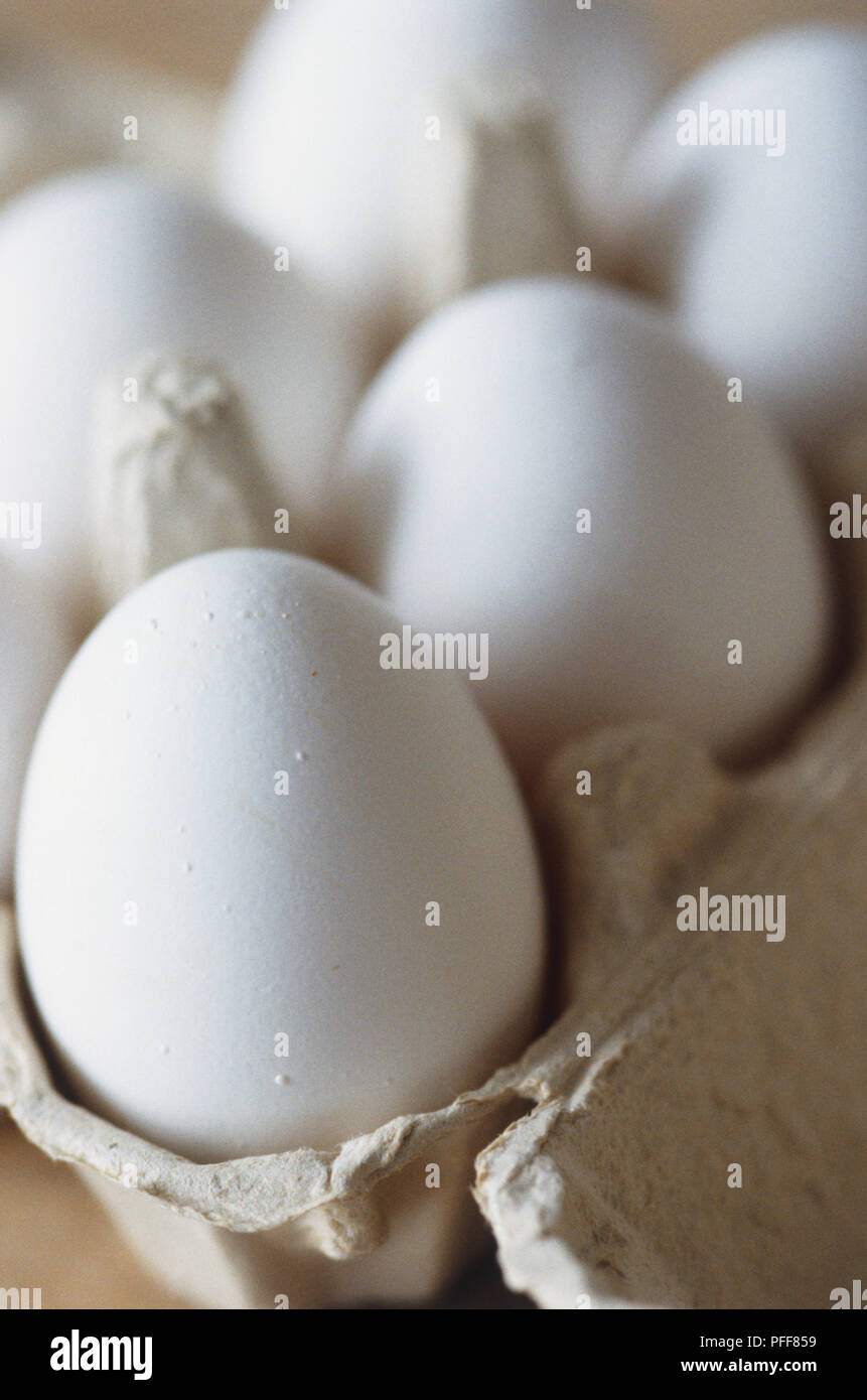 Five white eggs placed in cardboard egg box Stock Photo
