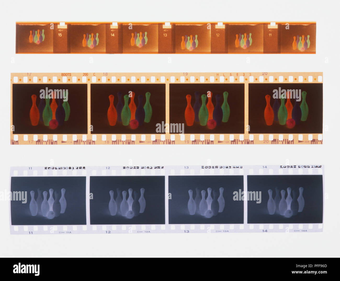 Three Strips Of Different Coloured Negatives, All With Images Of Skittles On Them Stock Photo