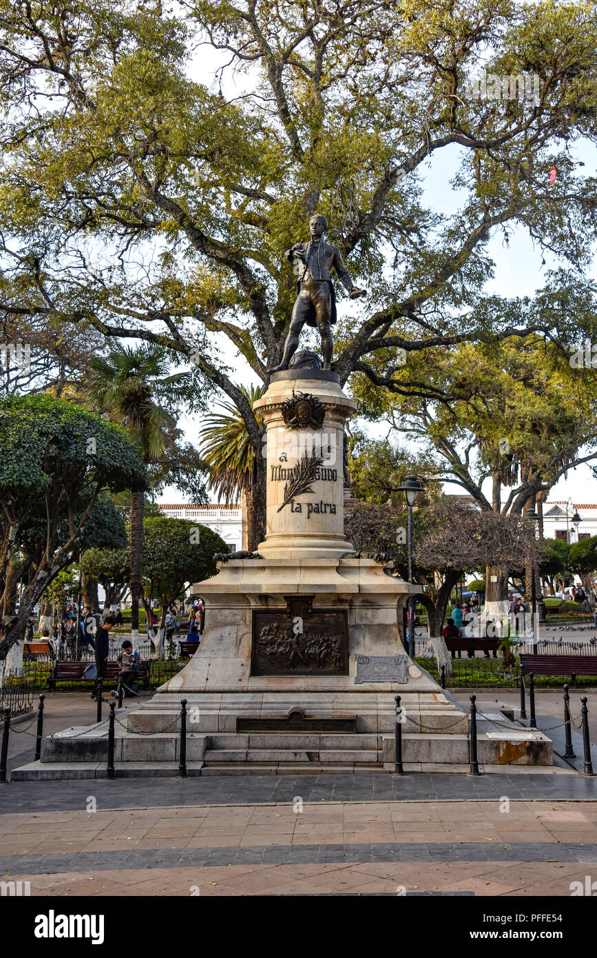 Statue of Antonio Jose de Sucre, the first Bolivian president, in Plaza 25 de Mayo, a UNESCO World Heritage Site in Sucre, Bolivia Stock Photo
