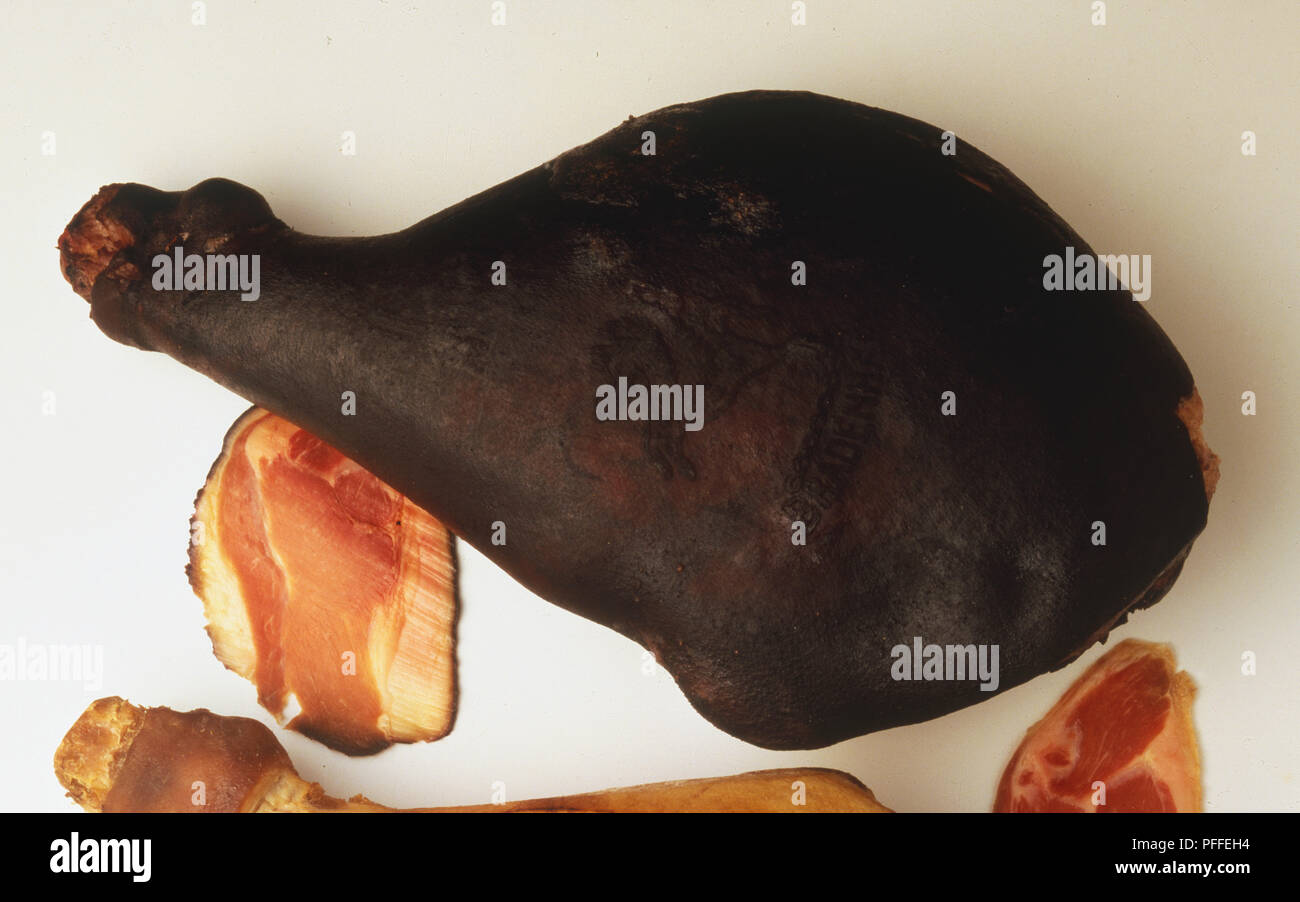 Large selection of hams, close up. Stock Photo
