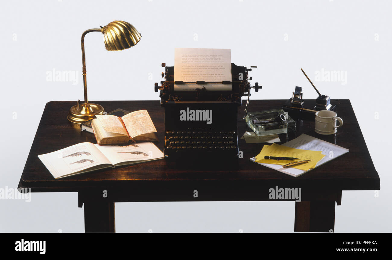 Golden Desk Lamp Open Books Old Fashioned Typewriter And