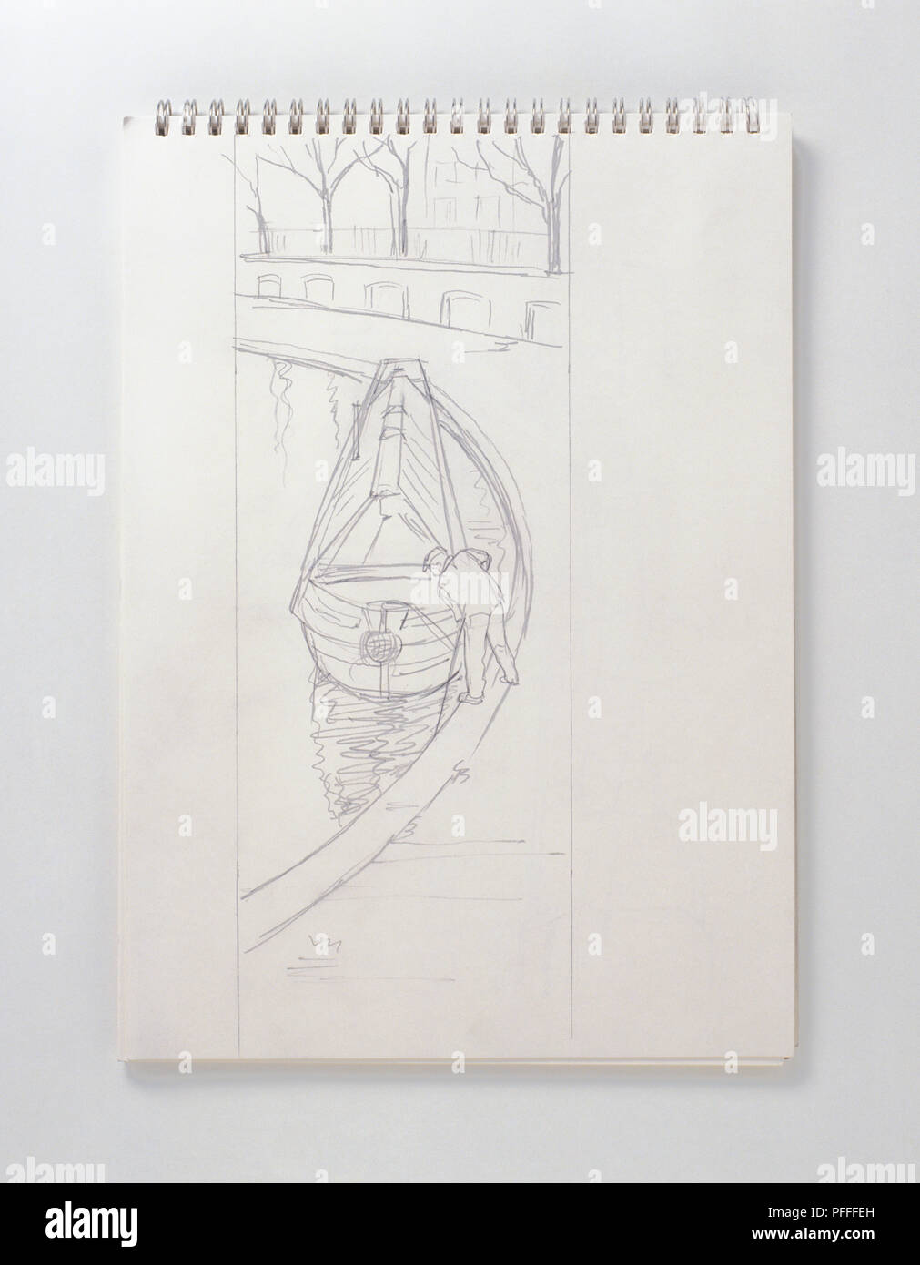 Pencil drawing of narrow boat in sketch pad Stock Photo