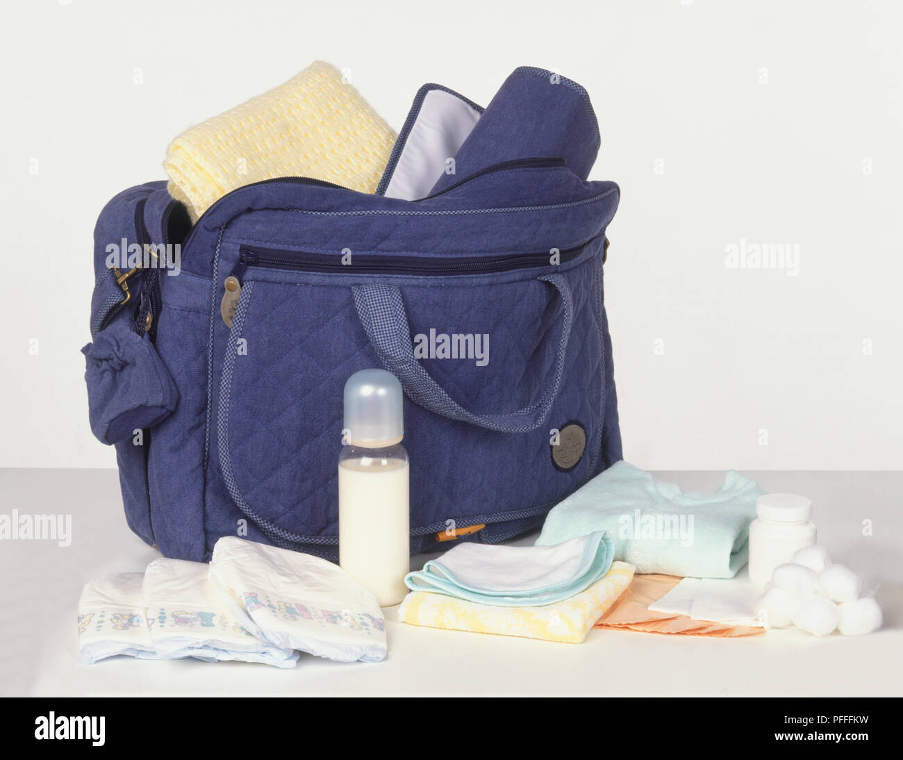 Nappy bag and changing accessories. Stock Photo