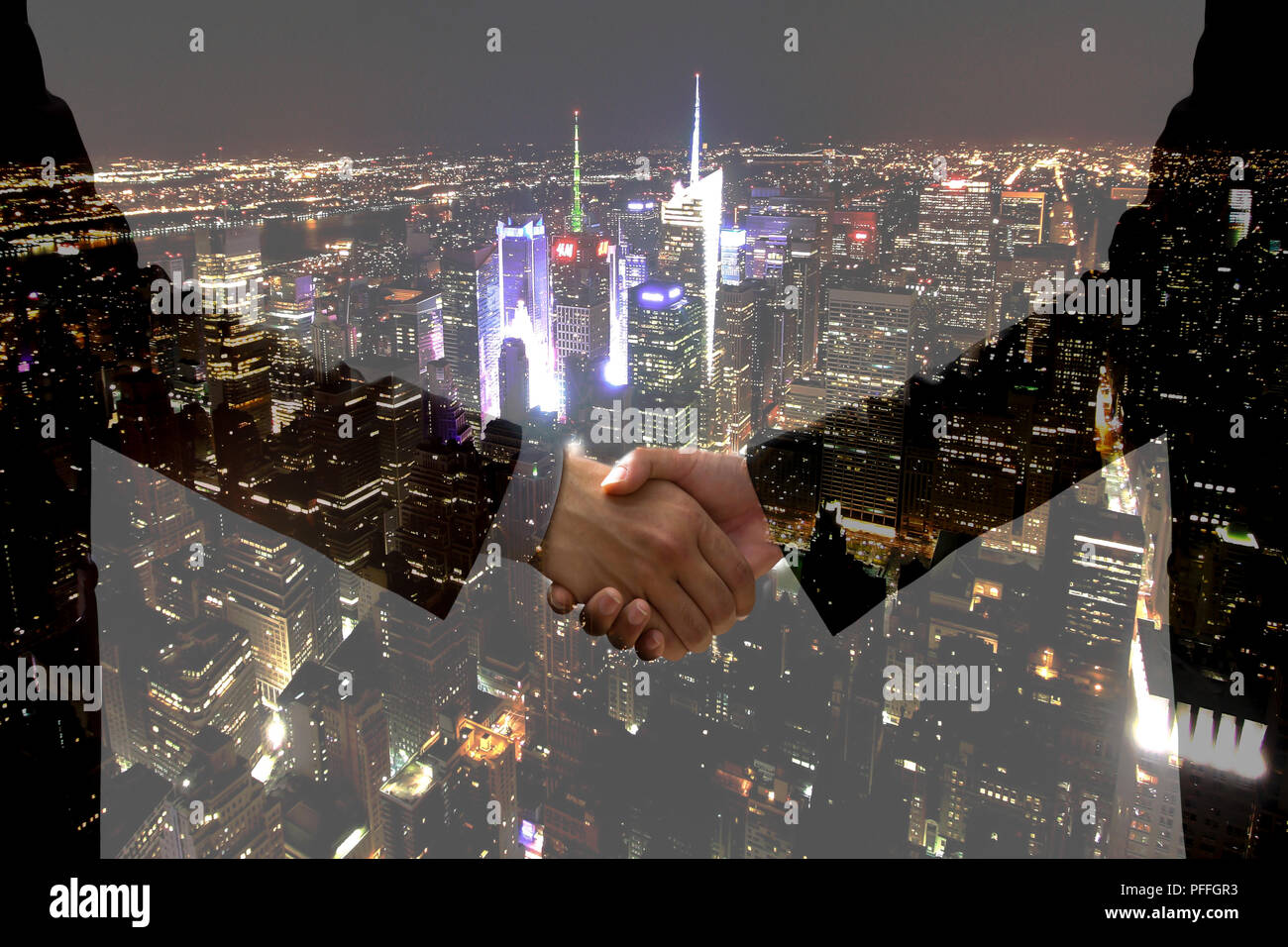 Double Exposure Business Hand Shake With City Light At Night Stock Photo Alamy
