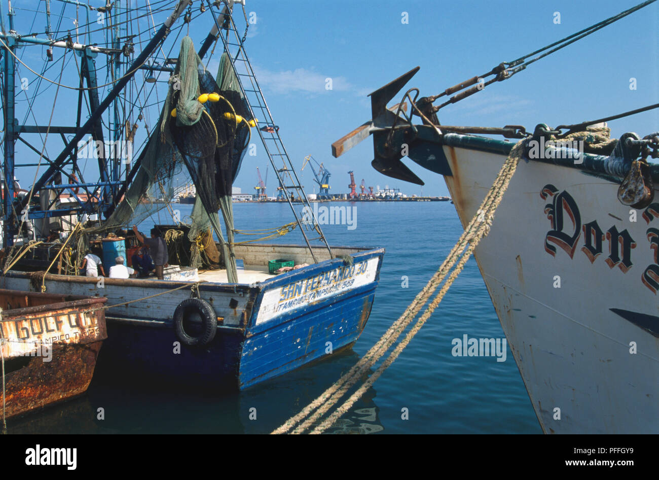Mexico, Gulf Coast, Veracruz, fishing boats in the harbour, close up, section. Stock Photo