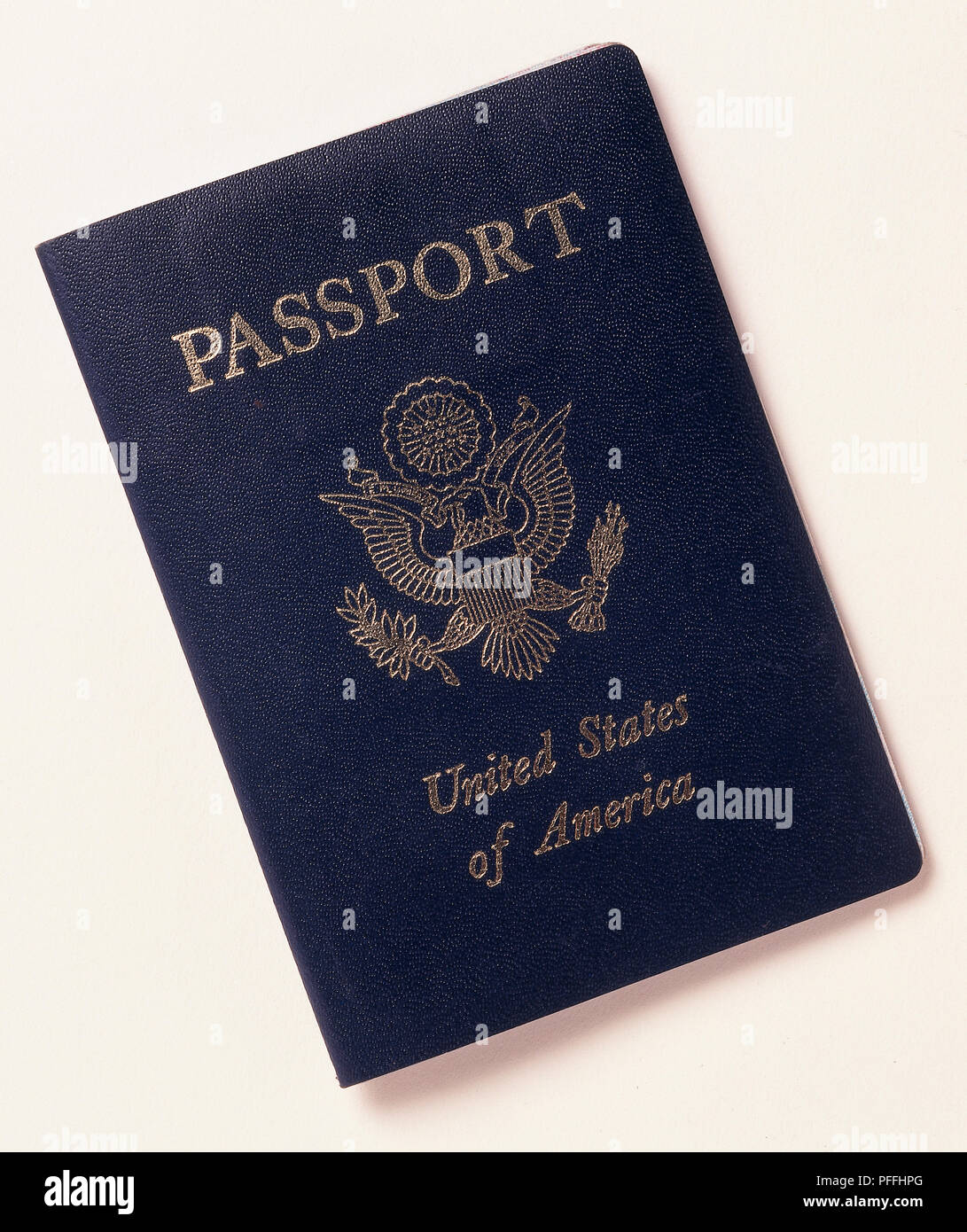 Blue gold-printed cover of a US passport, close up Stock Photo