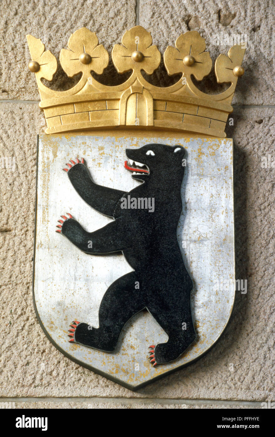 Germany, Berlin, Berlin's coat of arms depicting a black bear with a gold crown above Stock Photo