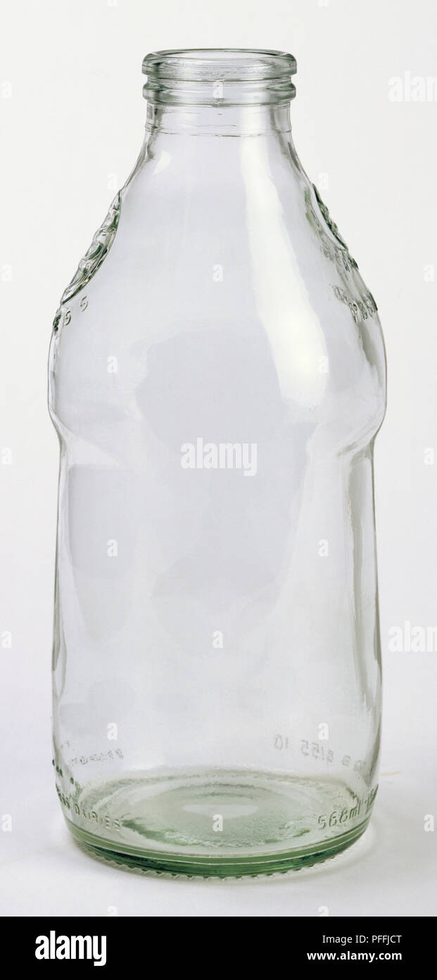 Glass milk bottle, made with recyclable glass, side view Stock Photo