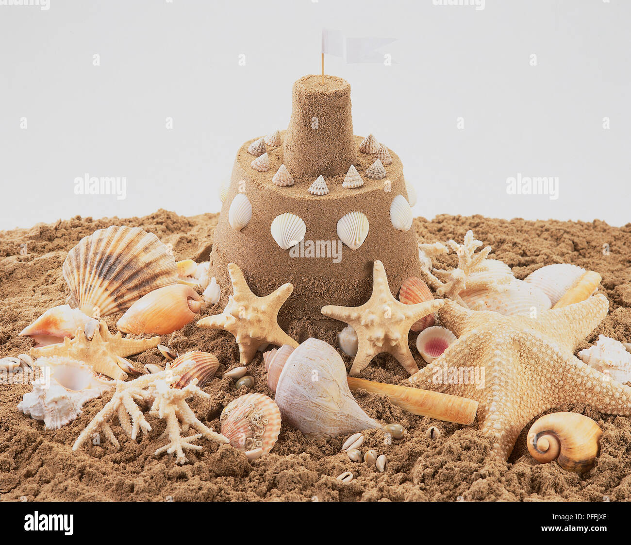 Sandcastle amongst shells starfish Stock Photo Alamy