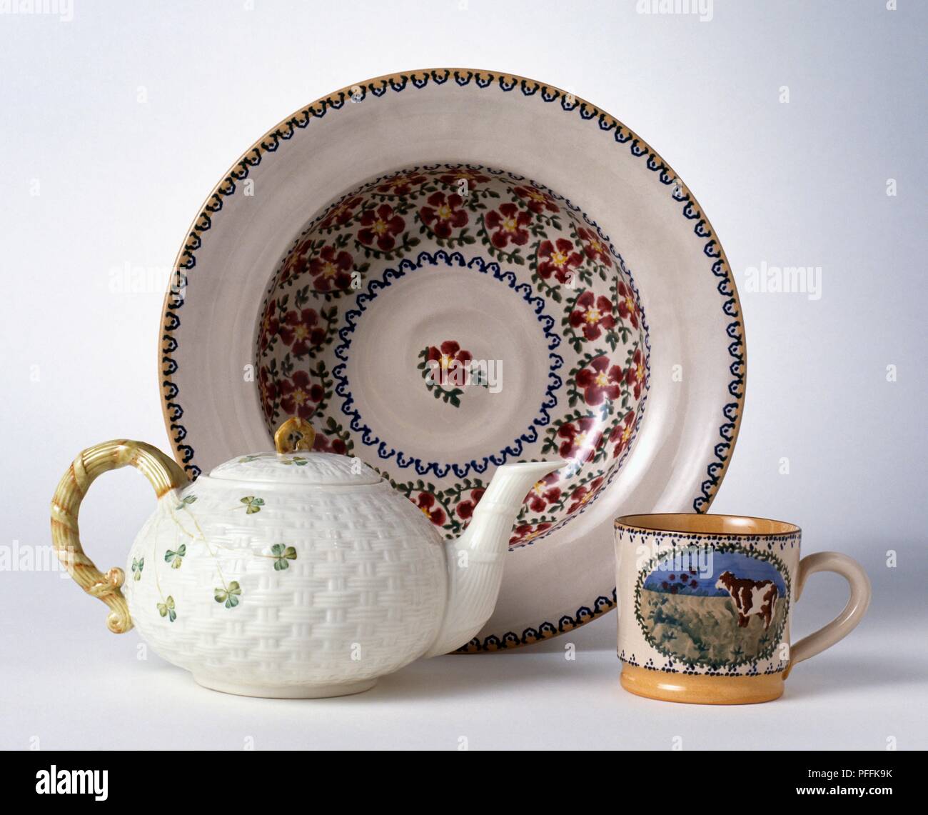 Irish ceramic teapot, mug and plate Stock Photo