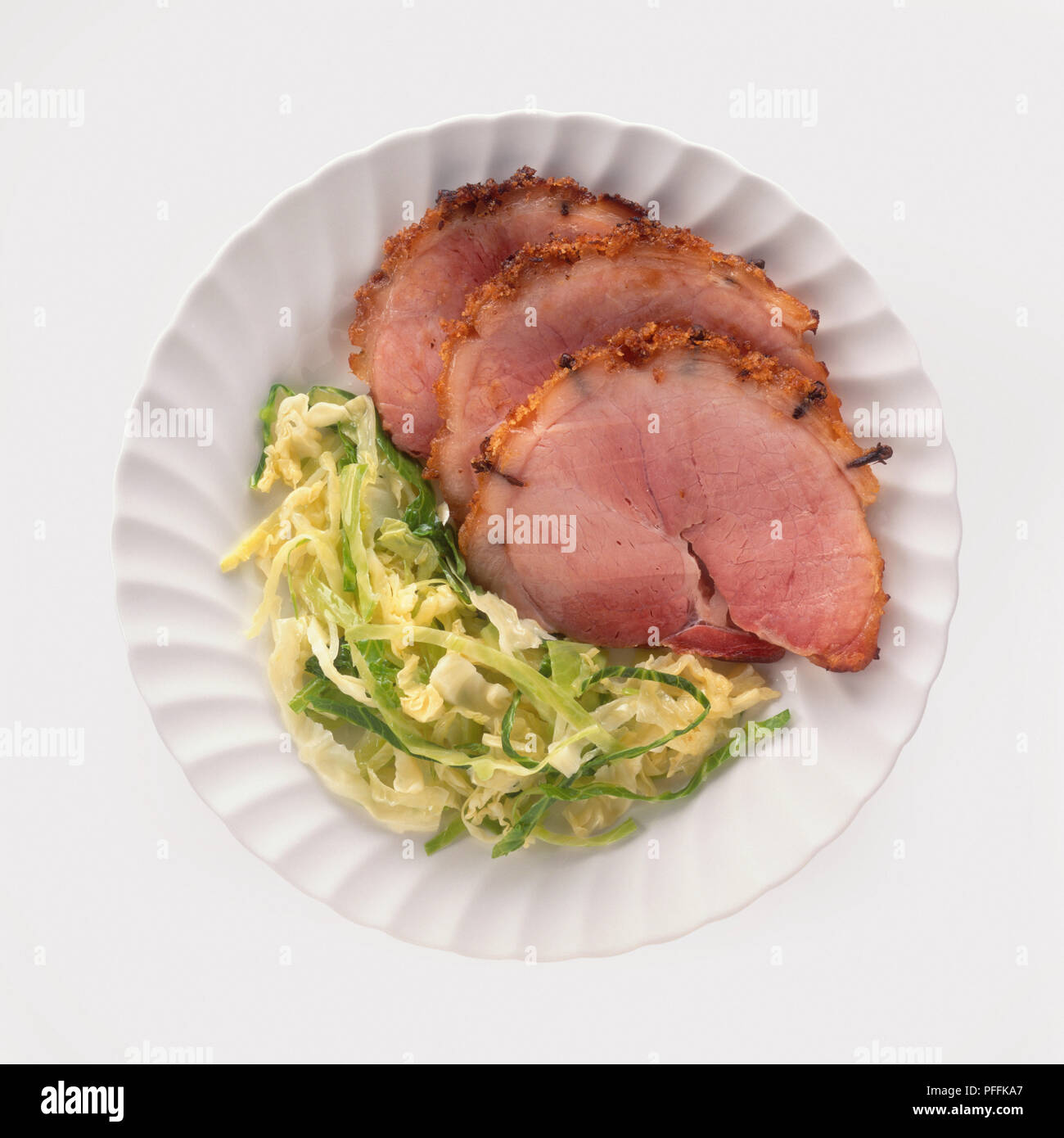Plate of baked ham and cabbage, a traditional Irish dish, view from