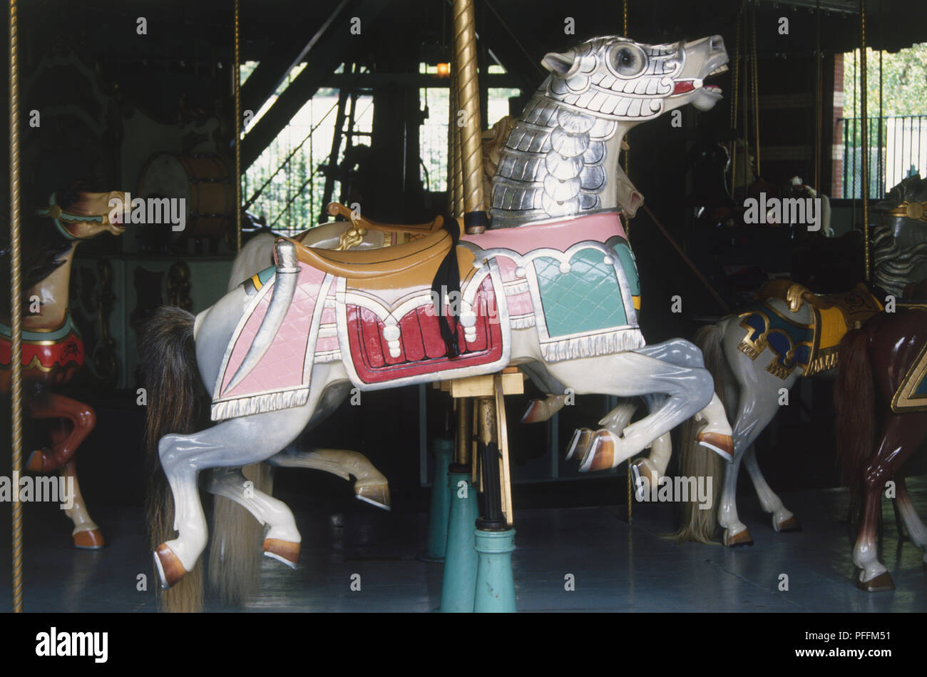 USA, New York, Brooklyn, Prospect Park, painted carousel horse, close up. Stock Photo