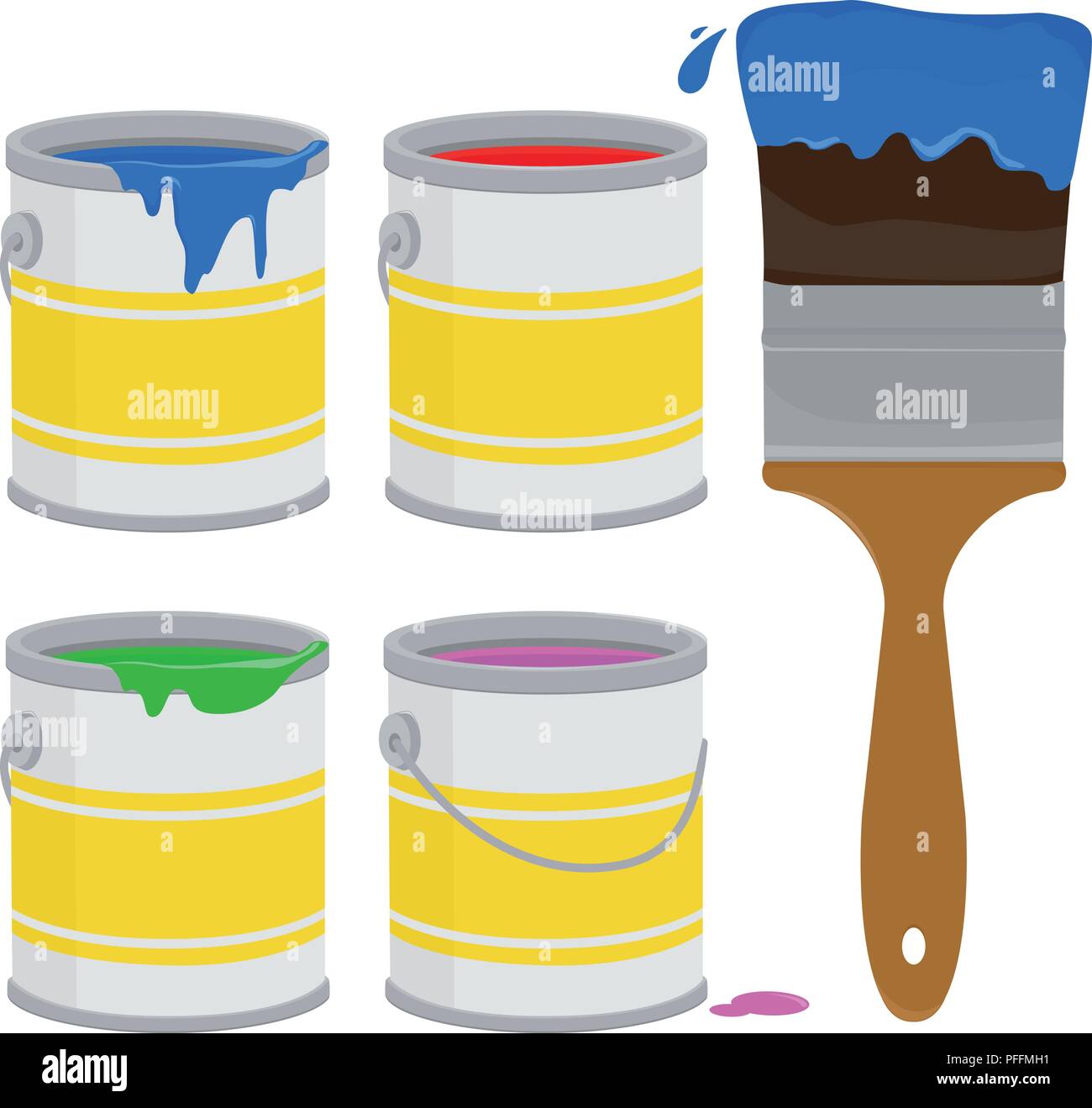 Paint supplies. Cans, paint buckets and a paint brush. Vector